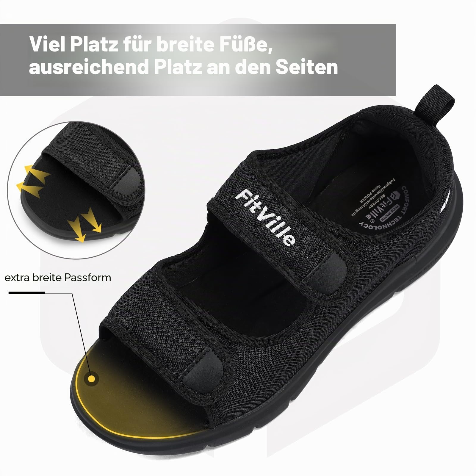 FitVille Weit Offene Diabetiker Sandalen Herren Orthopädische mit Klettverschluss Verstellbare Gesundheitsschuhe Verbandschuhe bei geschwollene Füße Reha-Schuhe Ödeme Hausschuhe