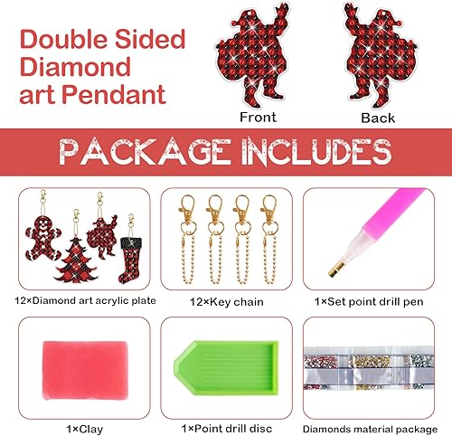 Miniatura 3 de Kit de 12 llaveros de pintura de diamante a cuadros de Navidad, árbol de cuadros de Navidad, llavero de pintura de diamante 5D DIY, llavero de