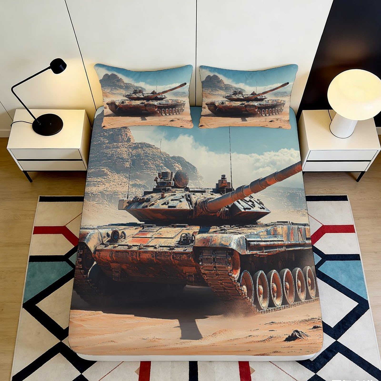 3D Printed Battle Tank Fitted Sheet Microfiber Soft Non-slip Camouflage Army Desert Bed Cover for Bedroom Decor 90x200x25cm