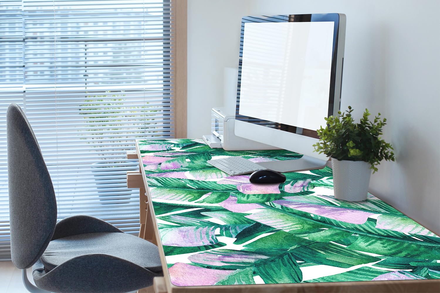 Tappetino da Scrivania 120x60 cm Protezione e Decorazione in Vinile PVC Antiscivolo Impermeabile Facile da Pulire Superficie Protettiva per Ufficio e Casa - Foglie pastello