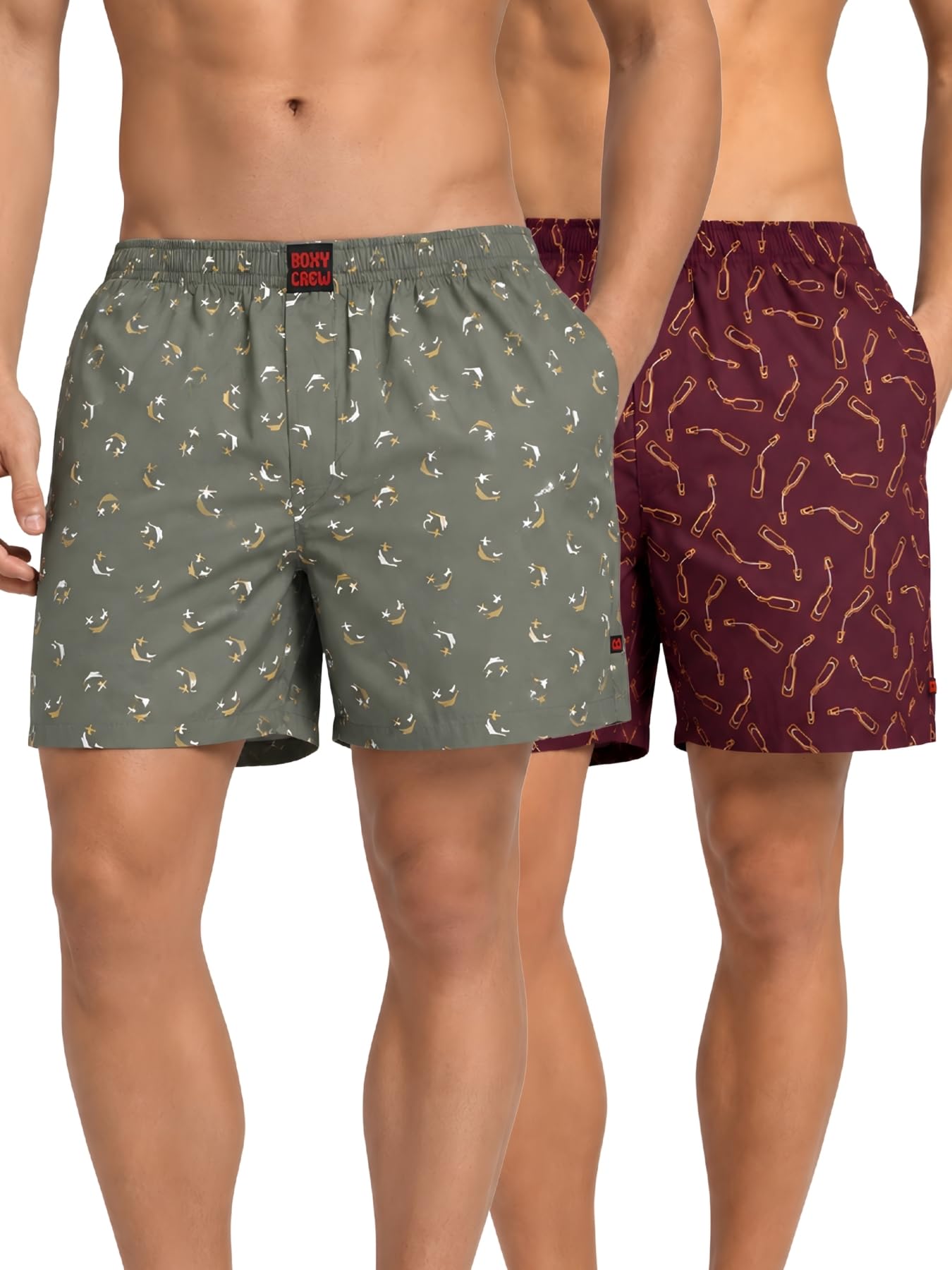 Men Boxer Shorts Pack of 2, 100% Cotton Woven Boxers, Green & Maroon, Printed Designs, Dual Side Pockets, No-Marks Inner Elastic Waistband, Relaxed Fit Lounge & Sleep Shorts-image-23