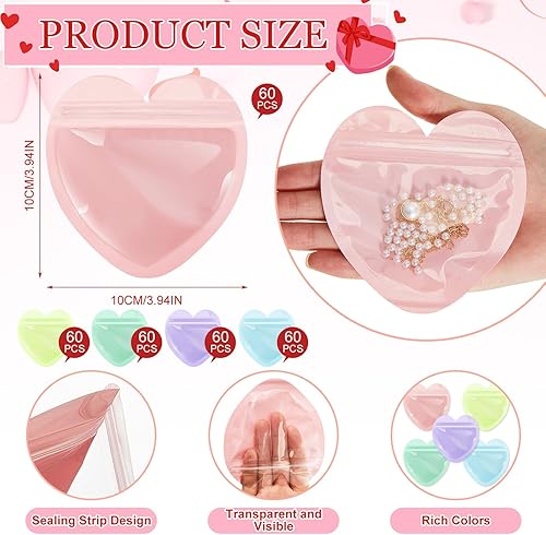 Miniatura 9 de Sayglossy 300 bolsas de embalaje en forma de corazón, pequeñas bolsas de joyería para el día de San Valentín, bolsas transparentes resellables,
