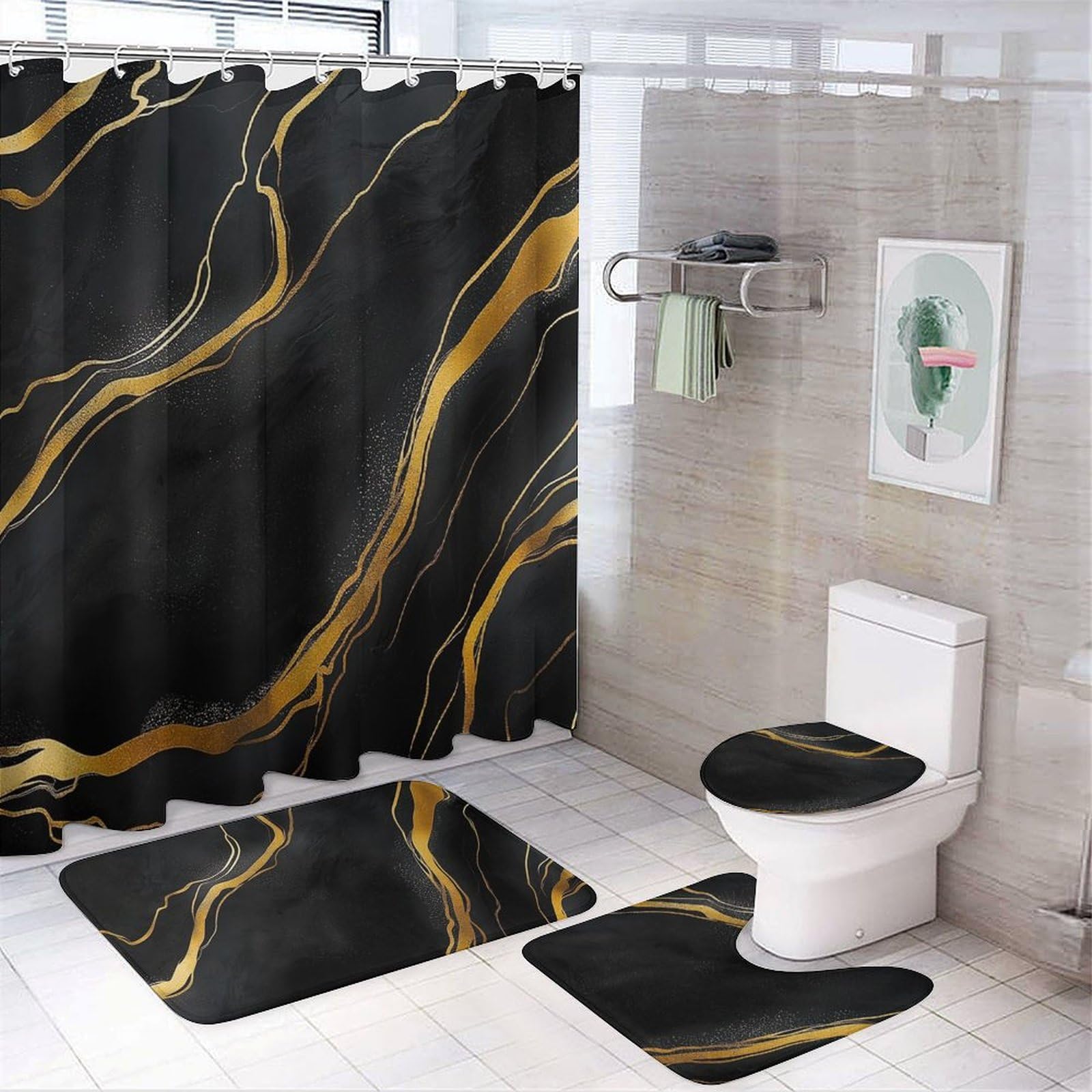 Set di 4 tende da doccia nere con tappeti da bagno, stile rustico, afro