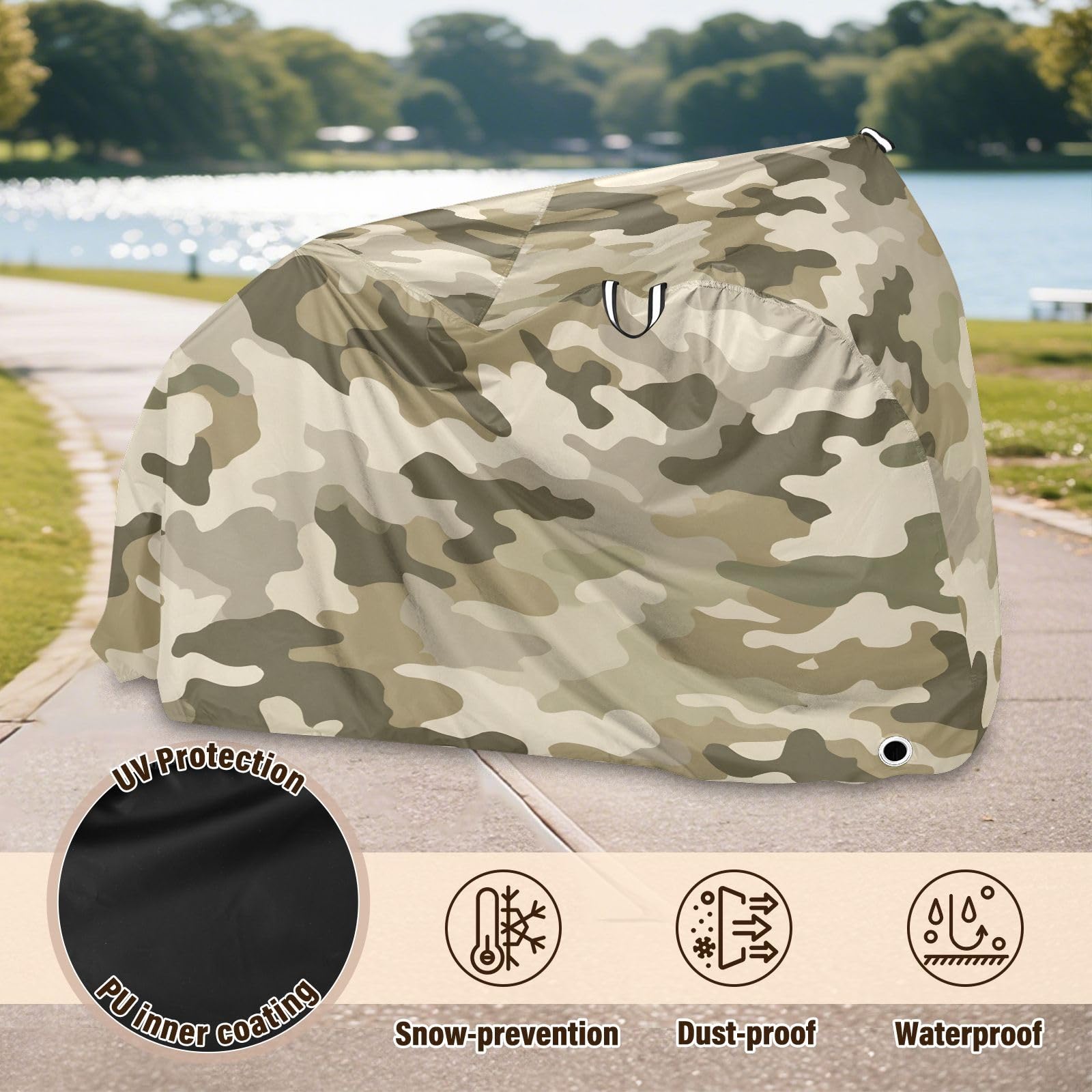 Housse de vélo imperméable pour vélo d'extérieur – Housse de pluie résistante au vent – Protection solaire pour VTT et vélo de route – Vert camouflage beige camouflage