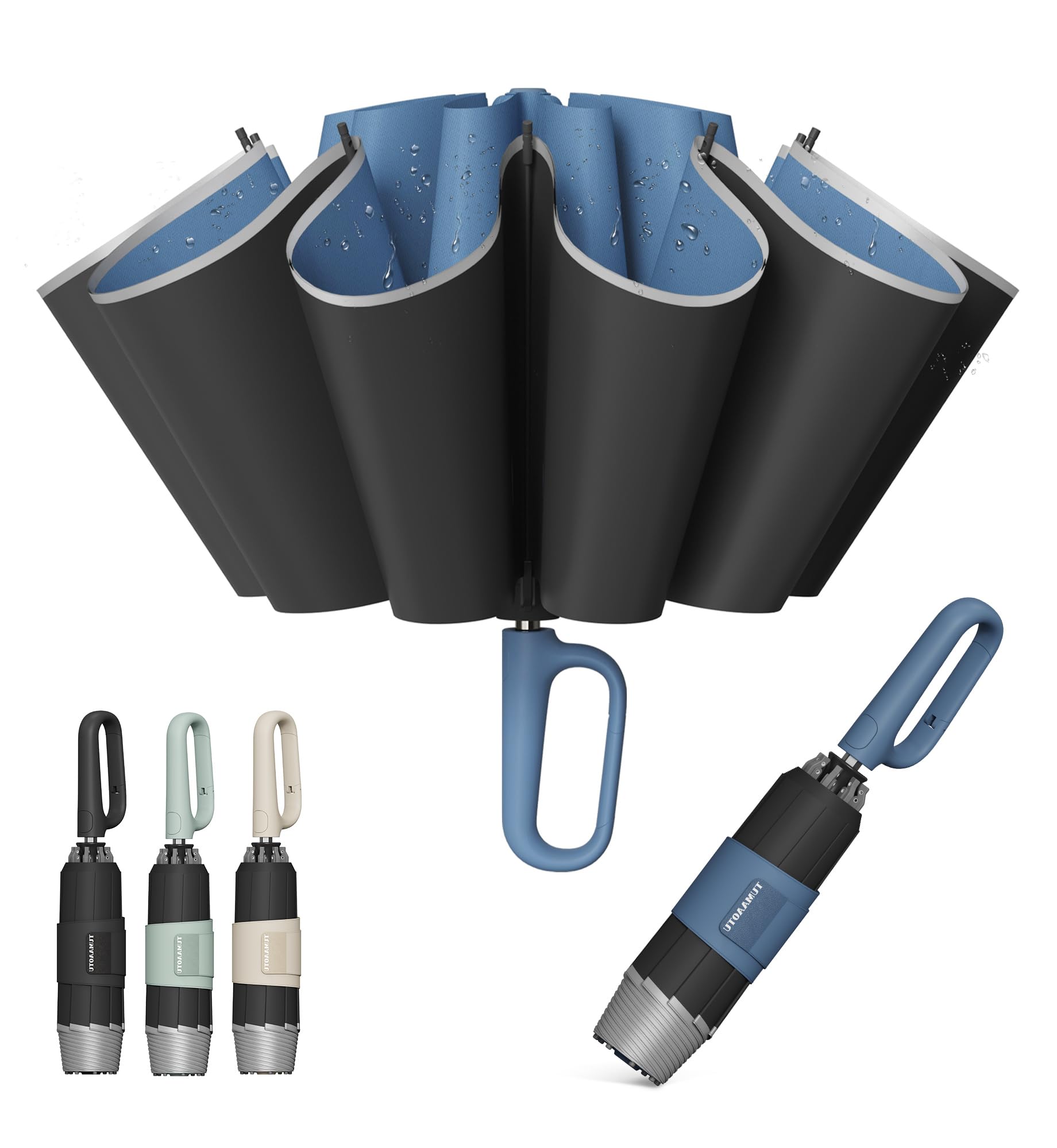 QWB TUMAAOTU Inverted Umbrella with Carabiner Handle, Compact Wind Proof Umbrellas For Rain and Sun Protection, Portable Reverse Folding Umbrella, Car