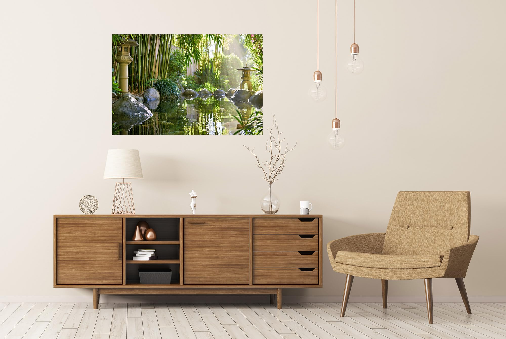 islandburner Póster Premium Armonioso Jardín de Bambú Estanque Koi Mural Sala de Estar Para Amantes de la Naturaleza