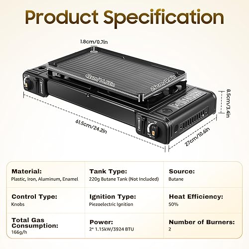 Miniatura 9 de Estufa portátil de butano de doble quemador, 2 x 3924 BTU, 24.2 pulgadas, con bandeja antiadherente para parrilla, para acampar al aire libre y