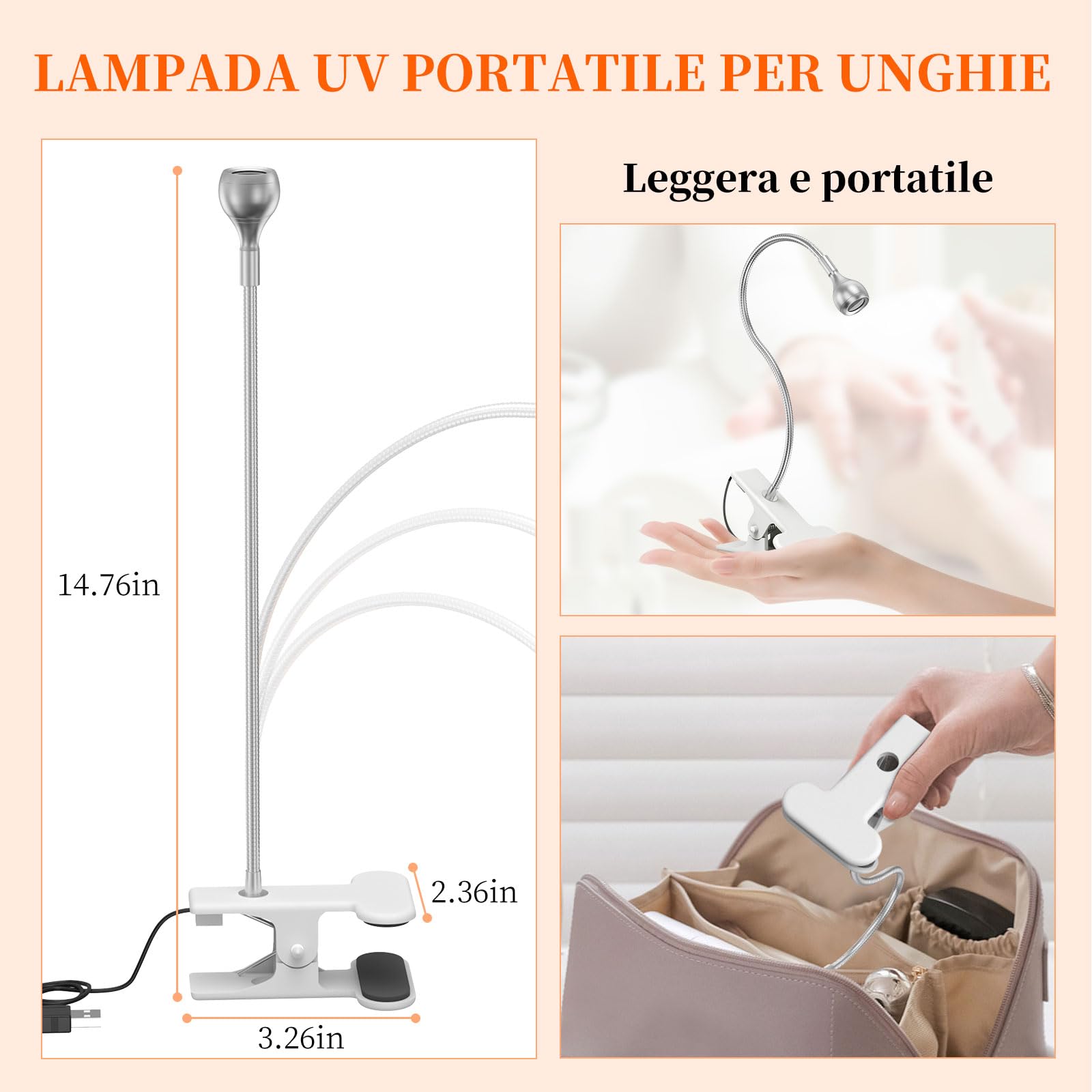 AISEELY Lampada UV per Unghie, Mini Lampada UV LED Unghie Professionale, 3W Lampada Unghie per Gel con Clip, 360° Testa Regolabile, Alimentazione USB Adatto per Manicure Accessori per Unghie Argento