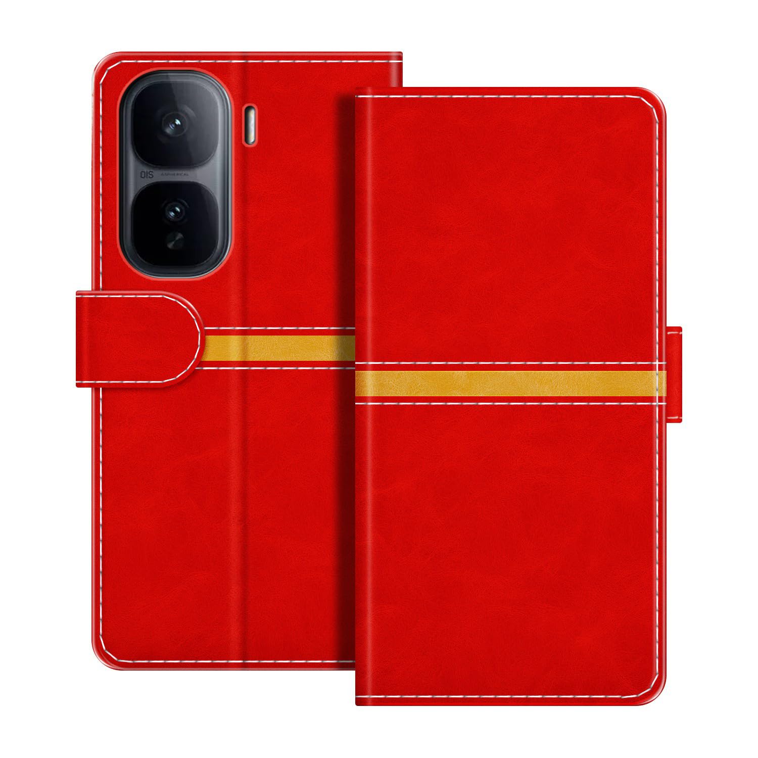 Leather Wallet Case Compatible with Vivo iQOO Neo 10 5G Horizontal Contrast Stripe Design Protective Flip Cover with Card Slot Magnetic Closure (Red)