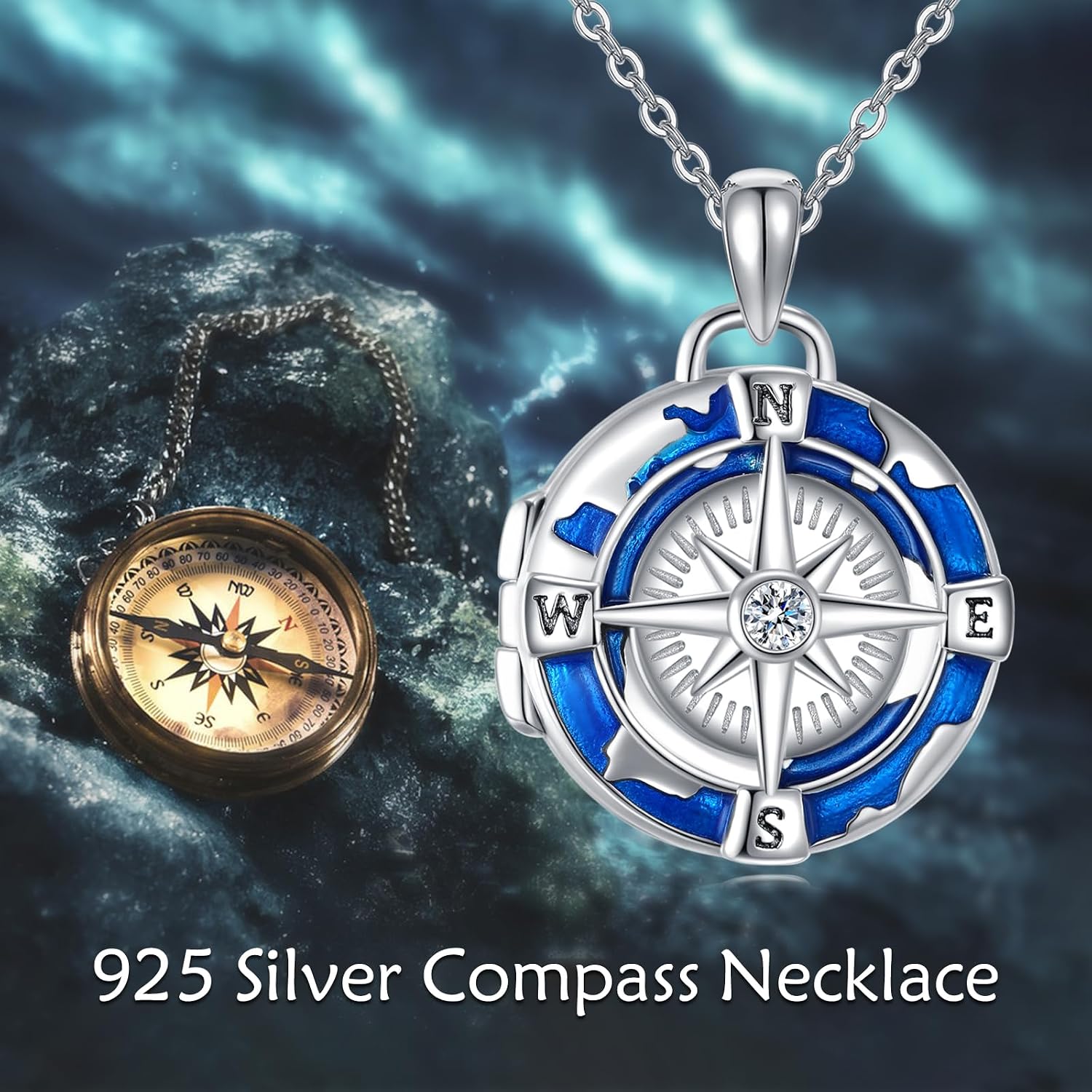 VONALA Compass Necklace 925 Sterling Silver Photo Locket Pendant Friendship Talisman Travel Necklace Graduation Jewelry for Women