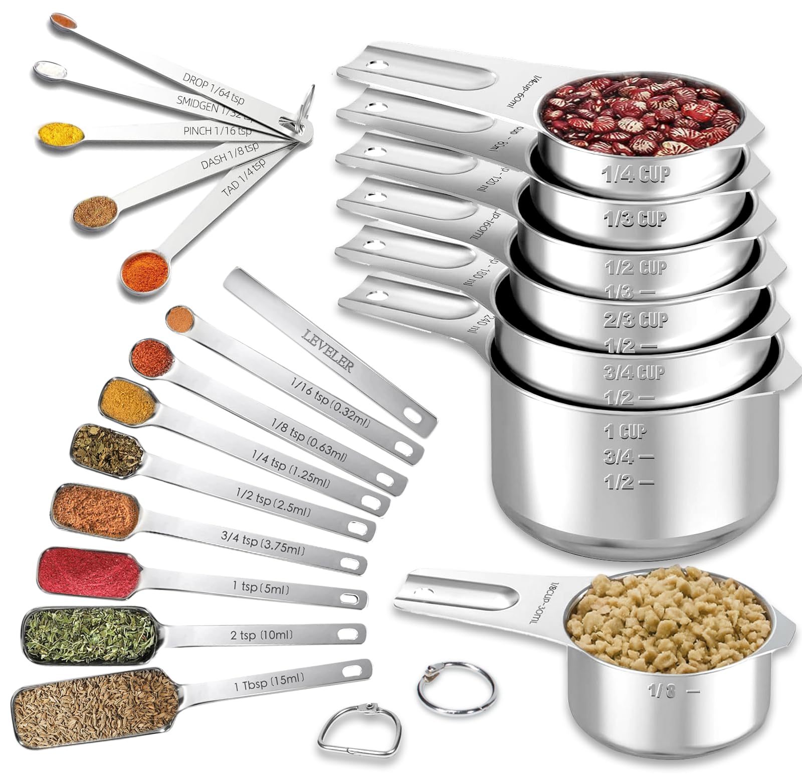 Juego de 21 tazas y cucharas medidoras YUNNKEEY – Incluye 7 tazas medidoras de acero inoxidable, 8 rectangulares y 5 mini cucharas medidoras con nivelador para tarros de especias, ideal para