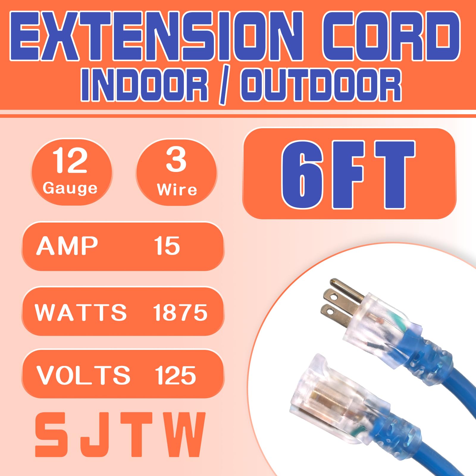 Outdoor Extension Cord with Lighted End, 12 Gauge Heavy Duty 6 FT, 3 Prong Grounded 15 Amp, 12/3 SJTW Waterproof Power Cord for Appliance, Blue - 3