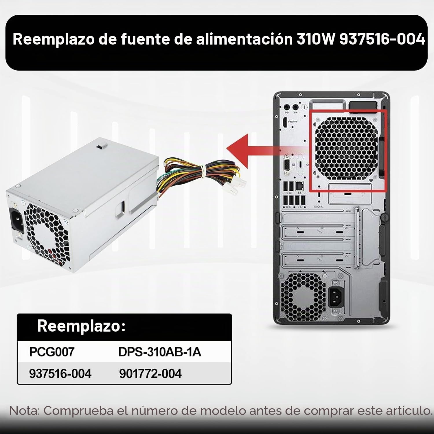 S-Union Fuente de alimentación mejorada de repuesto de 310 W P/N PCG007 DPS-310AB-1A 937516-004 901772-004, compatible con HP ProDesk 280 288 480 G3 MT 400G4 282G3 SFF (7PIN + 8 pines) +Conector de 4