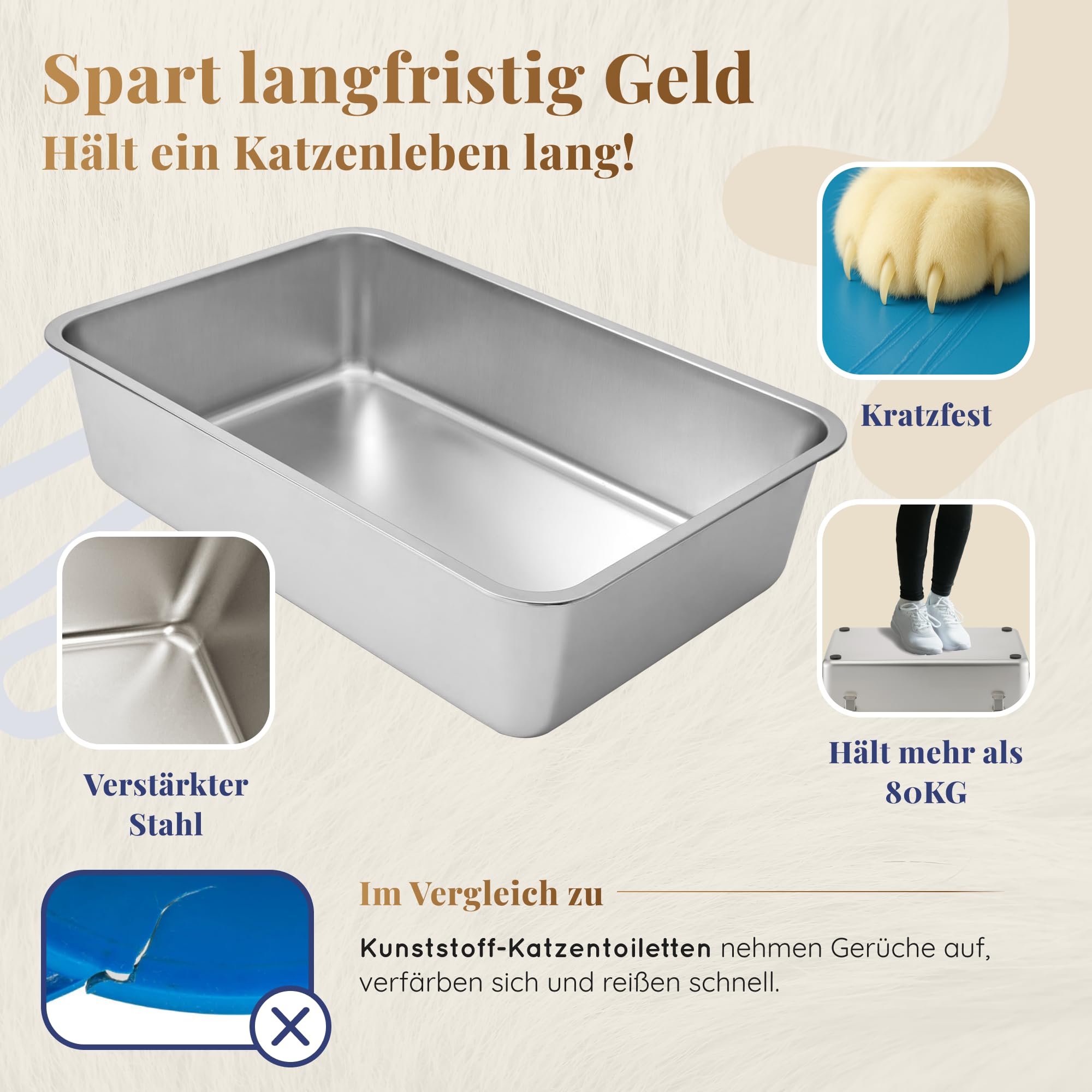 Lettiera per gatti in acciaio inox, XXL, facile da pulire, resistente agli odori, 60 x 40 x 15 cm, rivestimento antiaderente, adatta per gatti grandi e piccoli, conigli