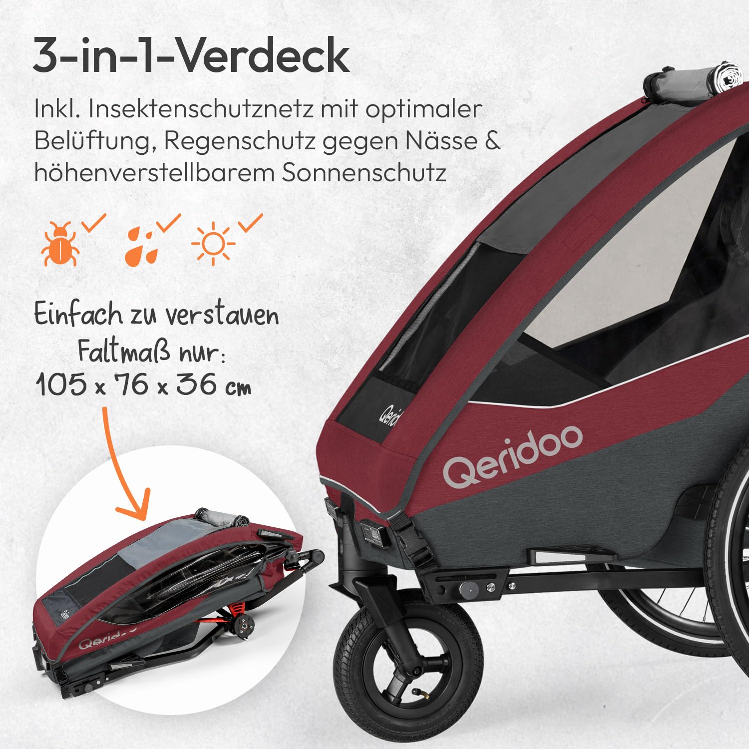 Qeridoo Skaja 2 Cayenne Red | Fahrradanhänger 2 Kinder mit Premium-Federung & 3-in-1-Funktion | Kinderfahrradanhänger & Jogger Kinderwagen | Leichter Fahrrad Anhänger Kinder | Sicher & Komfortabel