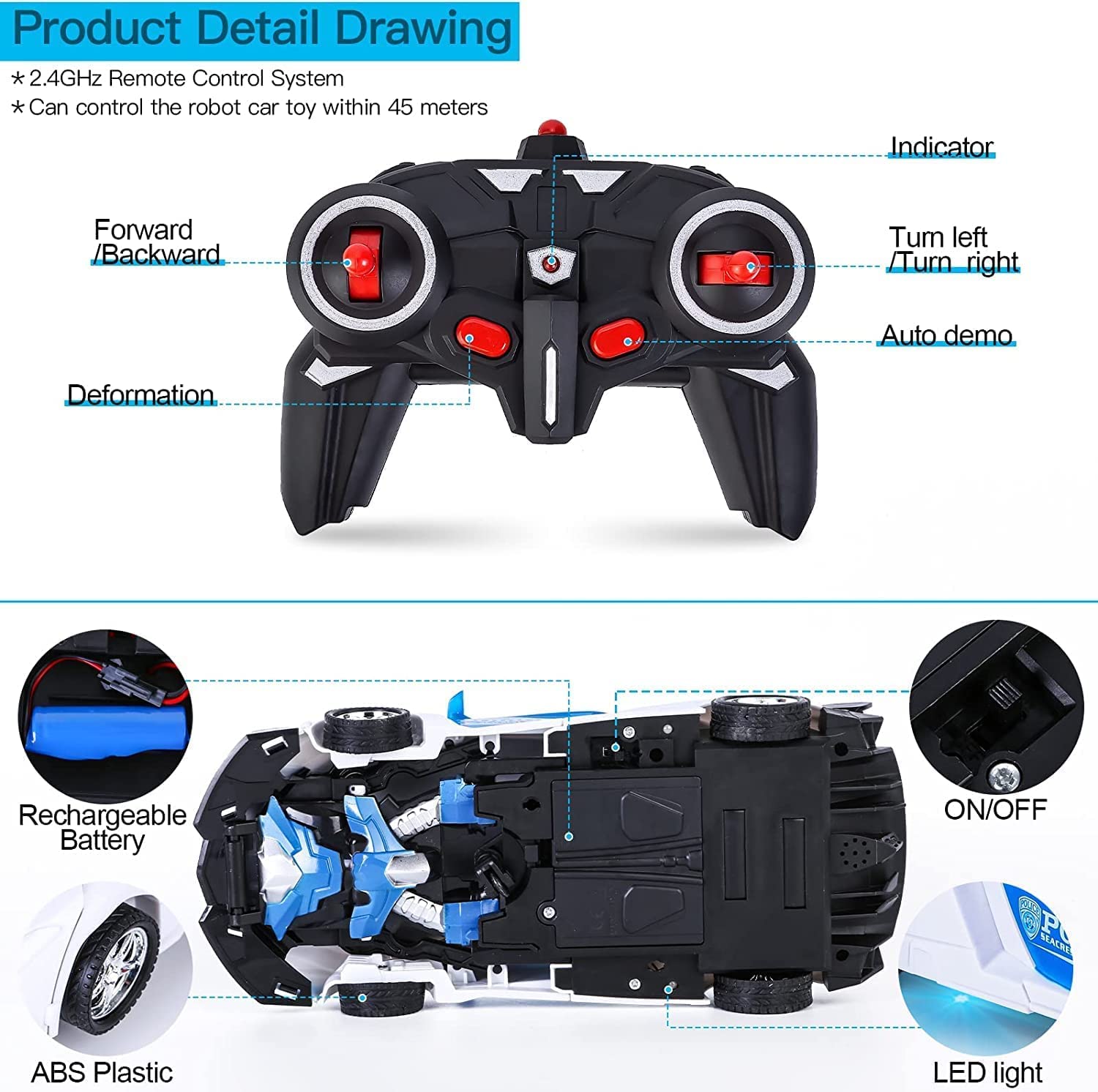 E-ROYAL SHOP Remote Control 2 in1 Convertible Robot Car Water Booster Spray Toy for Kids with Rechargeable Battery (Blue) - Image 6 thumbnail