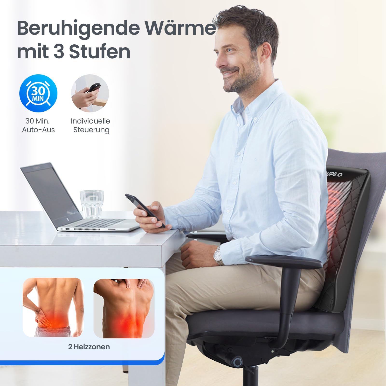 CuPiLo Rücken- und Nackenmassagegerät mit Wärme, Shiatsu Nackenmassagegerät für Bürostuhl Gaming Stuhl, 3D Knet-Massagekissen, Geschenk für Büro Zuhause, Geschenke für Mama Papa Frauen