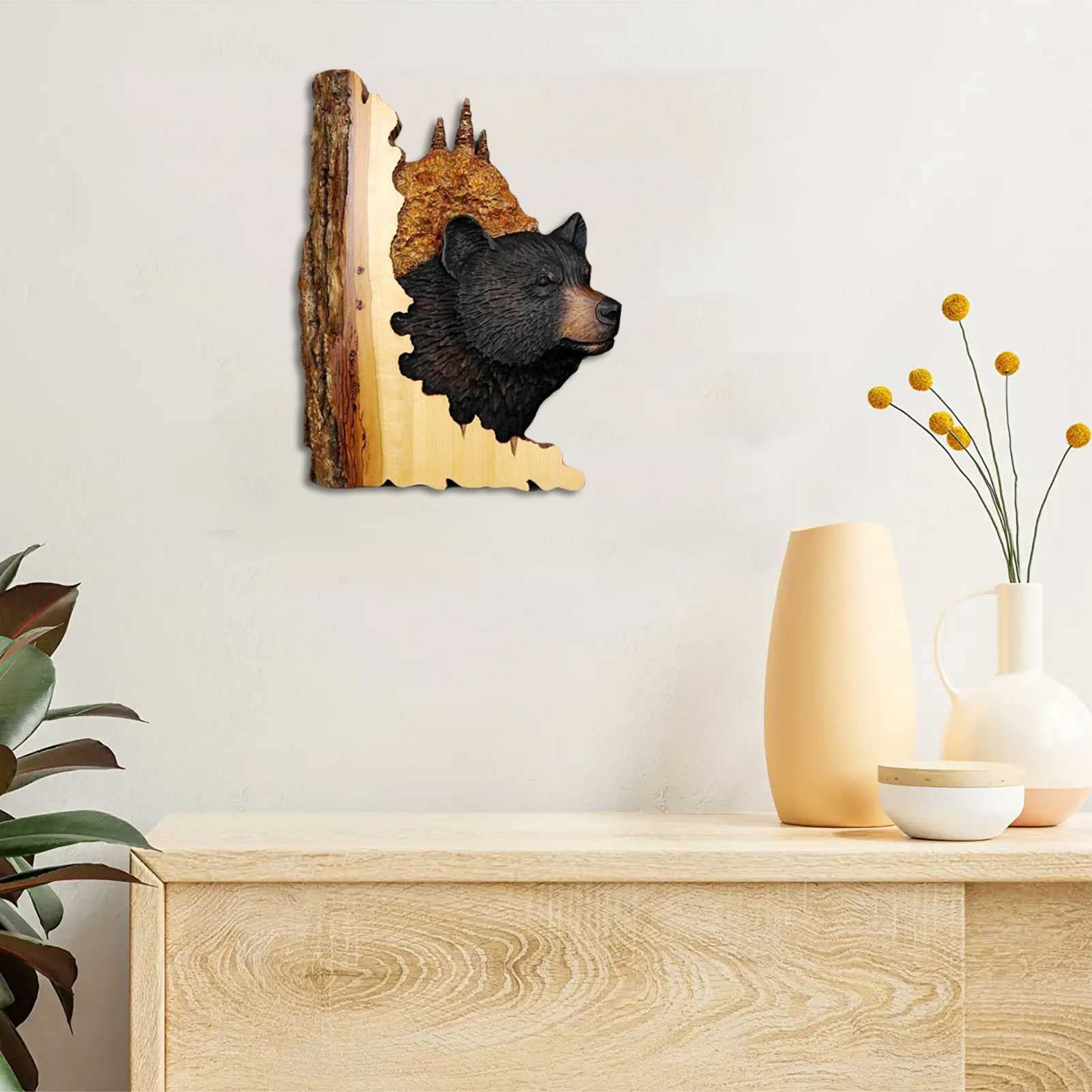 Amazon.co.jp: ブラックベア フラット壁掛け、木製ベア彫刻家の装飾