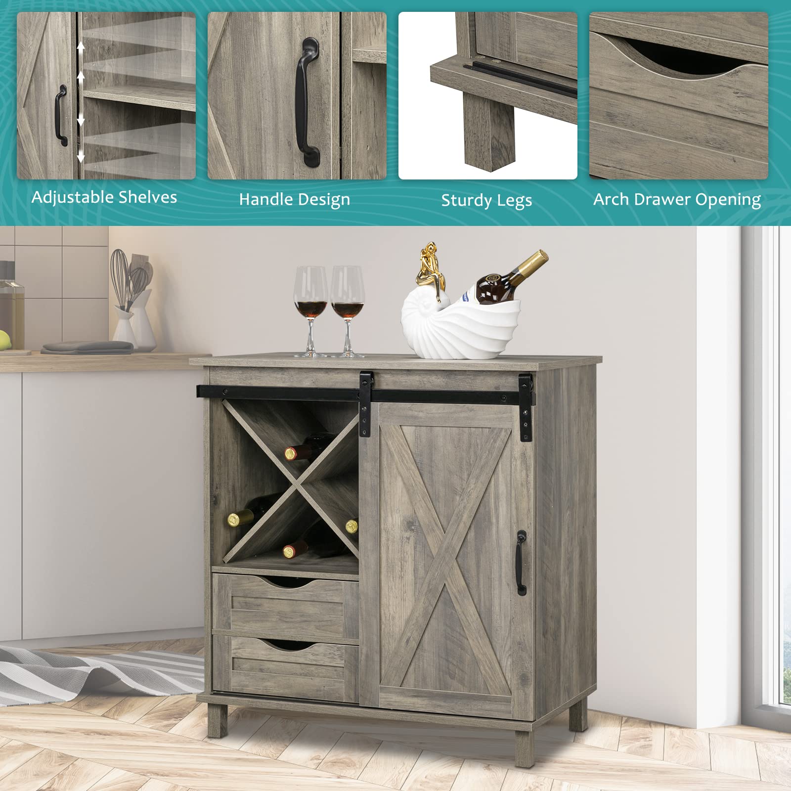 VINGLI Farmhouse Barn Door Wine Home Bar Furniture w/Removable