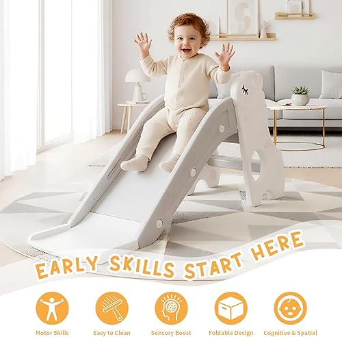 Miniatura 2 de Tobogán para niños pequeños de interior con pelota escaladora en blanco perla para niños, juego independiente para interiores con aro de baloncesto