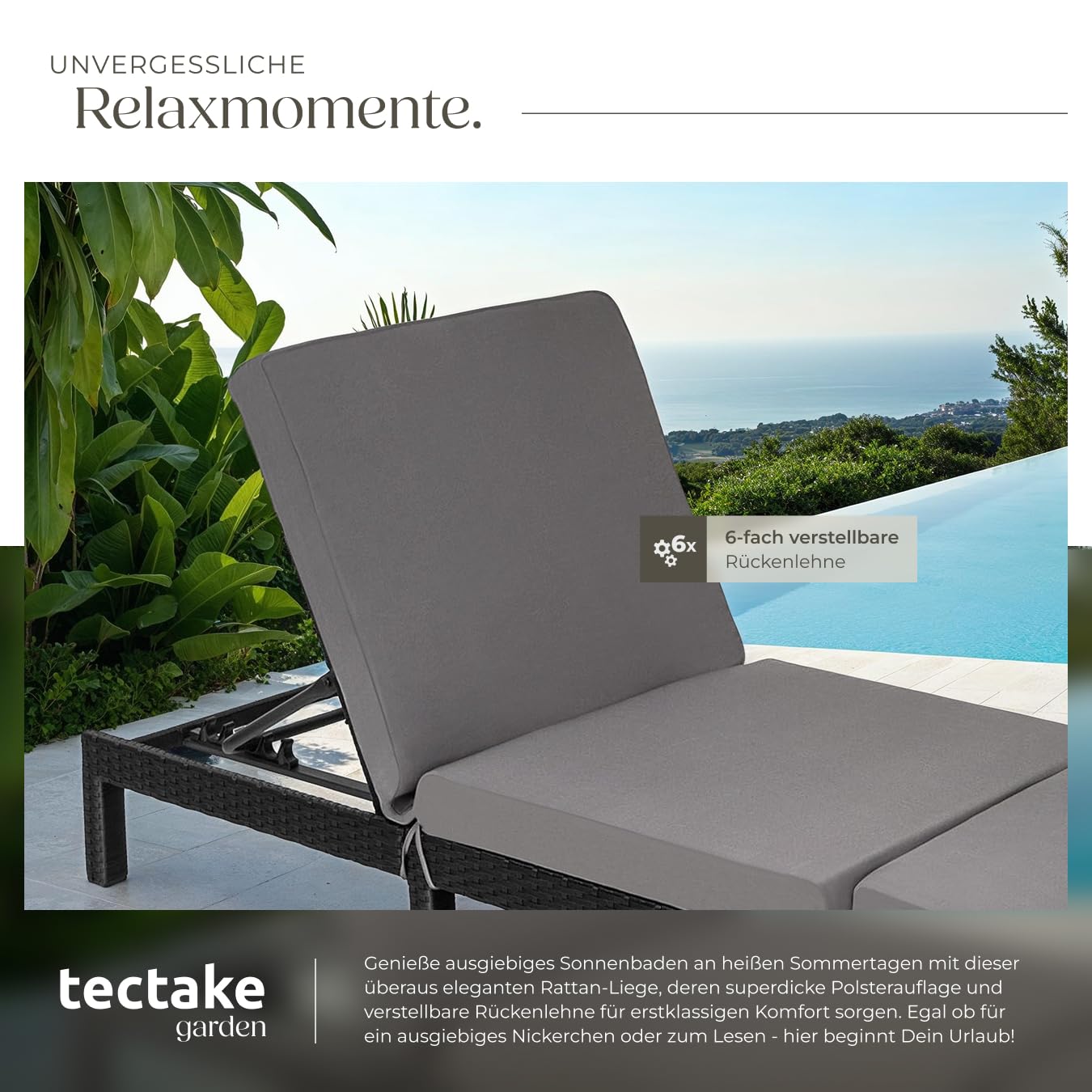 tectake® Polyrattan Sonnenliege mit 6-Fach höhenverstellbarer Rückenlehne, Outdoor Daybed mit bequemer Polsterauflage, Gartenliege Rattan für drinnen und draußen, pflegeleicht und stabil - schwarz