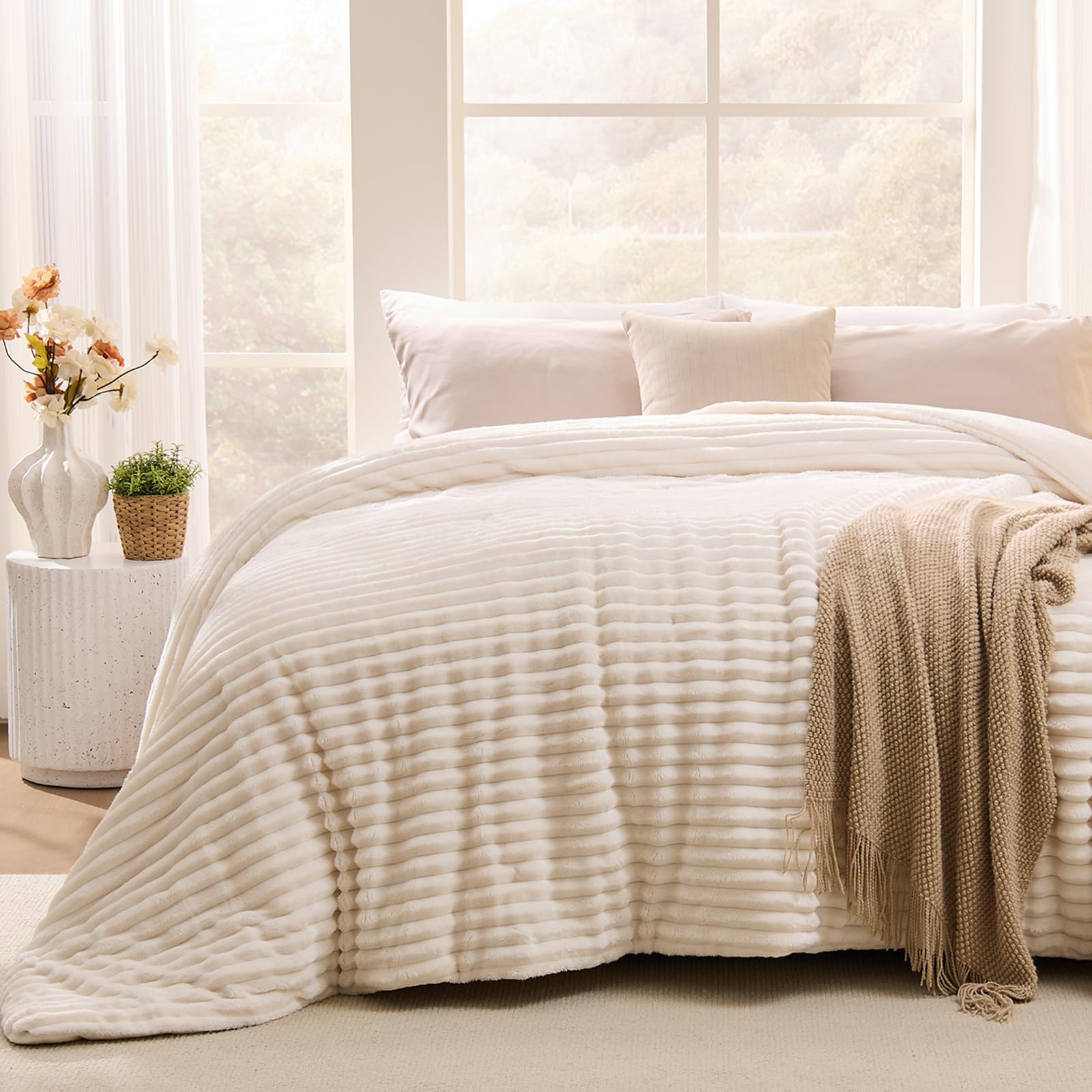 Photo 1 of NEWCOSPLAY King Size Comforter - Super Soft Fluffy Stripe Design Bedding, Cozy Warmth for Cold Nights, Luxury Ivory Bedding King Size, 90x110 Inches