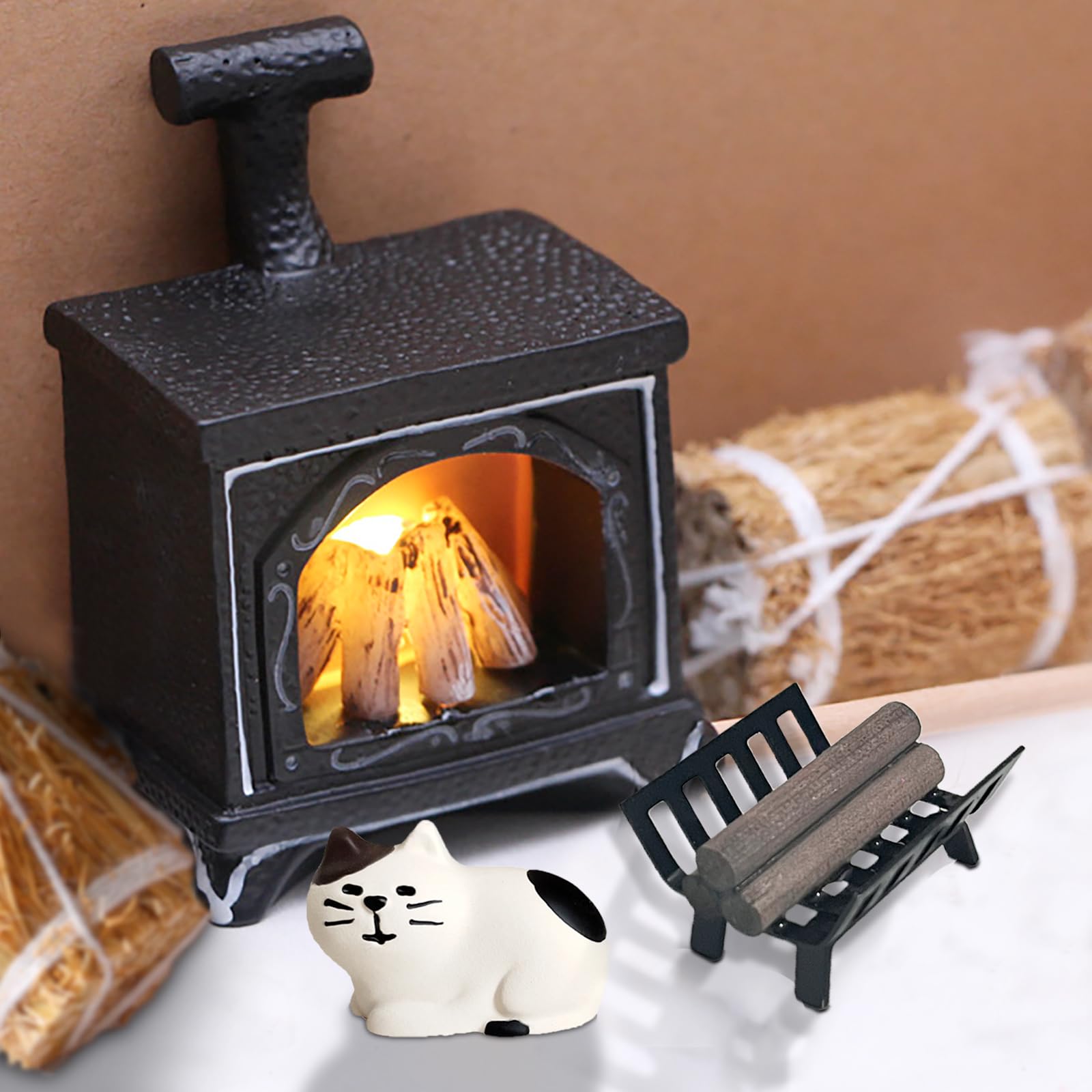 6 Pièces Accessoire Cheminée Pour Maison De Poupée – Scène De Noël Réaliste Avec Chats Et Bûches