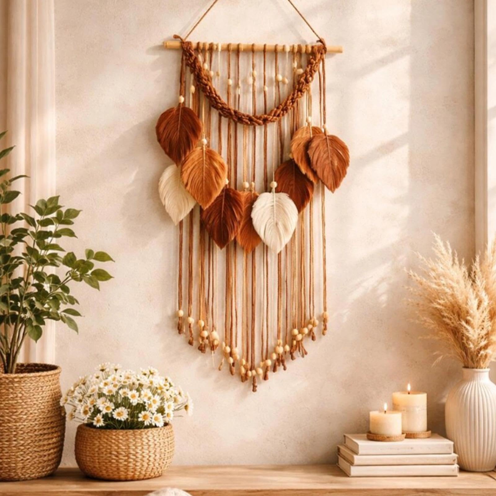 DIYCUT Handgewebt Wandteppich Boho, Blattdekoration Wandteppich, Bohème-Stil Wandbehang, Geeignet Für Schlafzimmer, Wohnzimmer, Arbeitszimmer Usw – Braun