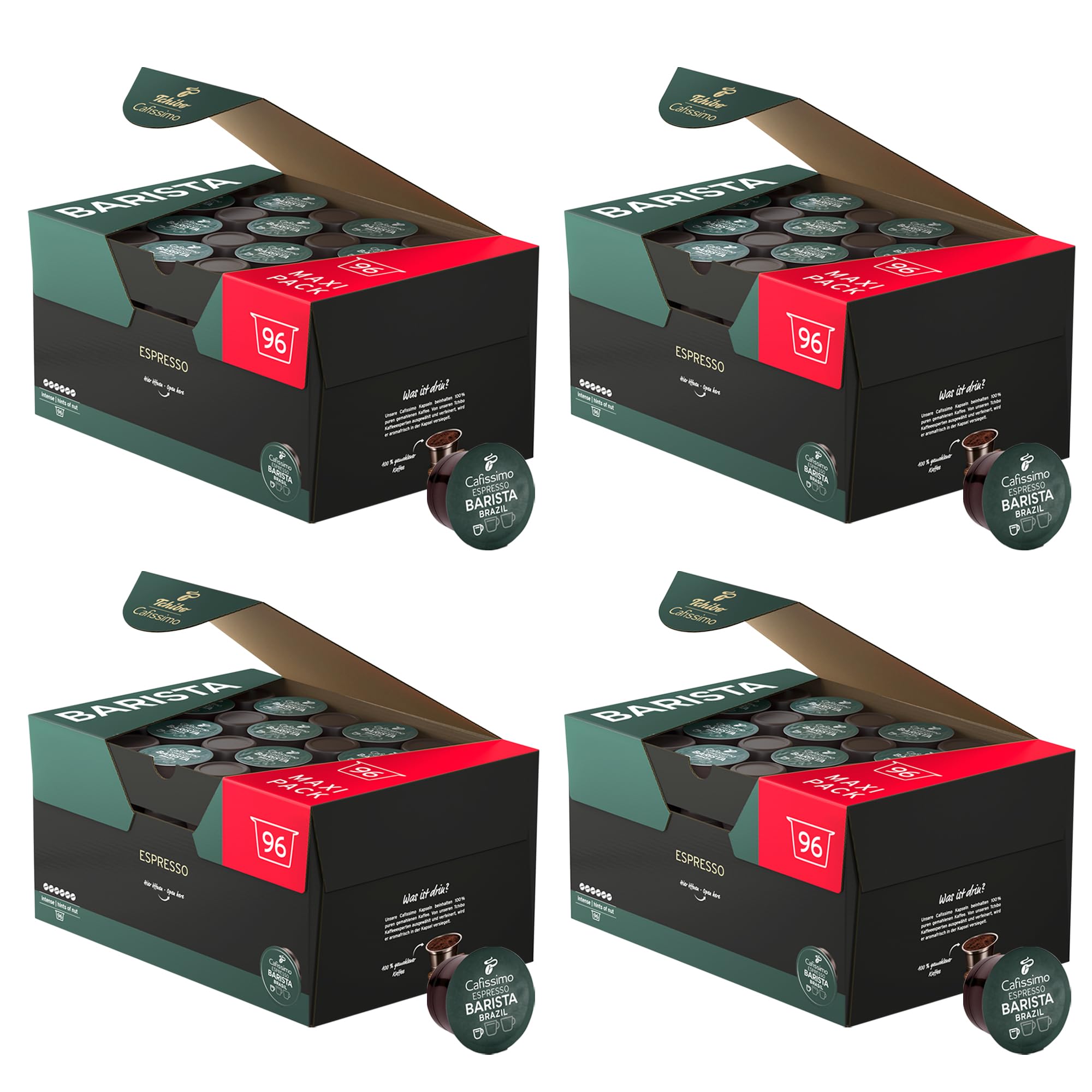 Tchibo Cafissimo Vorratsbox Espresso Brasil Kaffeekapseln, 384 Stück – 4x 96 Kapseln (Espresso, ausdrucksstark mit Nussnote), nachhaltig & fair gehandelt