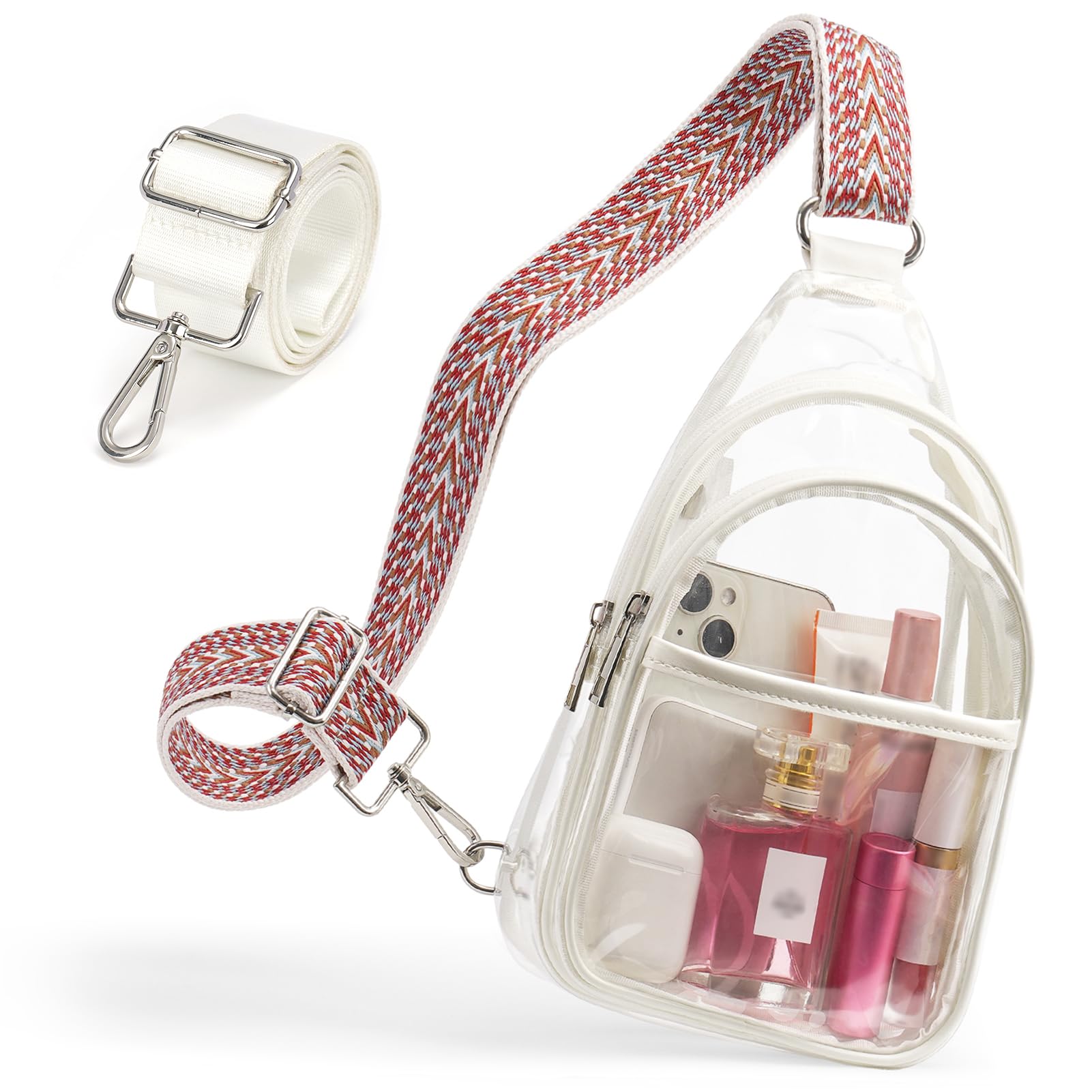 QOECI Clear Bags For Events With 2 Extra-Long Straps, 4 Pockets Clear Crossbody Bags For Women