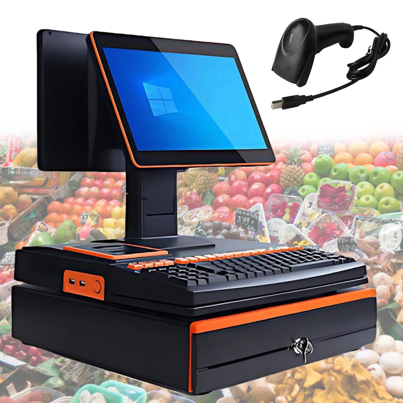 Pvxa All-in-One Touch Screen Single/Dual Monitor Cash Register, with 15.6" Touch Screen Monitor, Cash Drawer Barcode Scanner, for Small Businesses and Reta Black DualScreen-Orange