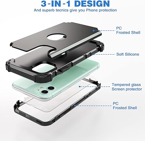 Miniatura 8 de IDweel Funda para iPhone 11 con protector de pantalla (vidrio templado), híbrida 3 en 1, a prueba de golpes, ajuste delgado, protección resistente,