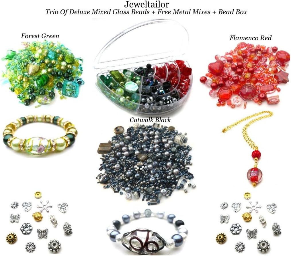 Jeweltailor 3 Packs of Deluxe Mixed Glass Beads (Approx 1200+) Forest Green, Catwalk Black & Flamenco Red + 3 Packs of Metal Beads + FREE No Spill Bead Box ~ A Perfect Starter Mix For Jewellery Making