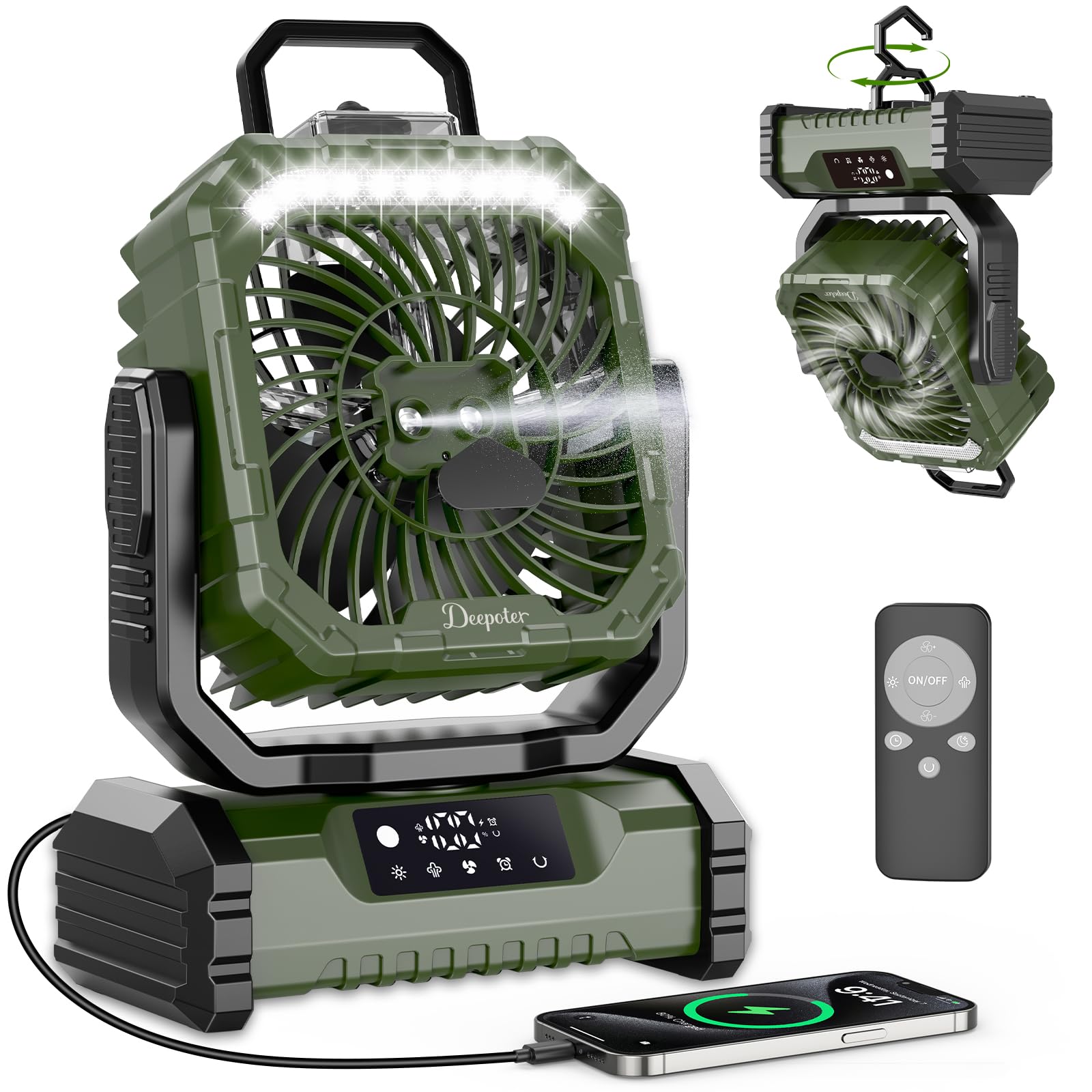 Camping Fan with LED Light, 20000mAh Battery Operated Rechargeable Camping Misting Fan with Hanging Hook, Outdoor Tent Cooling Mist Fans for Home, Office, Car RV, Garden, Travel, Beach - Green