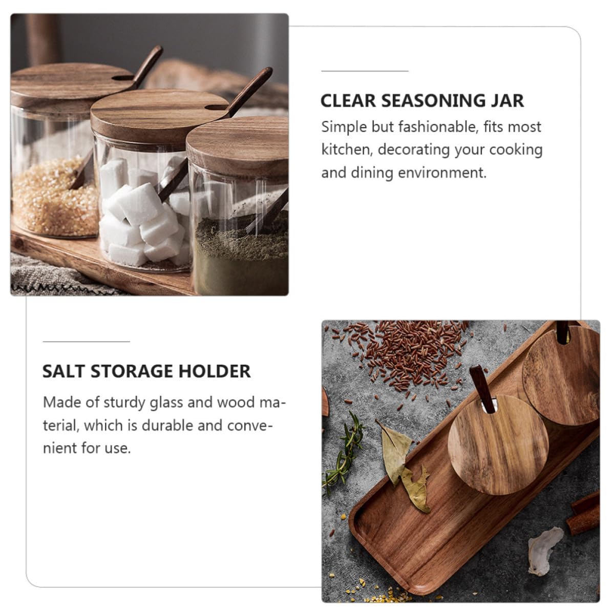 PLAFOPE Satz aus 3 Gewürzbehältern aus Durchsichtigem Glas mit Holzdeckel und Löffel Multifunktional für Küche und Kochen Stilvoll und Praktisch