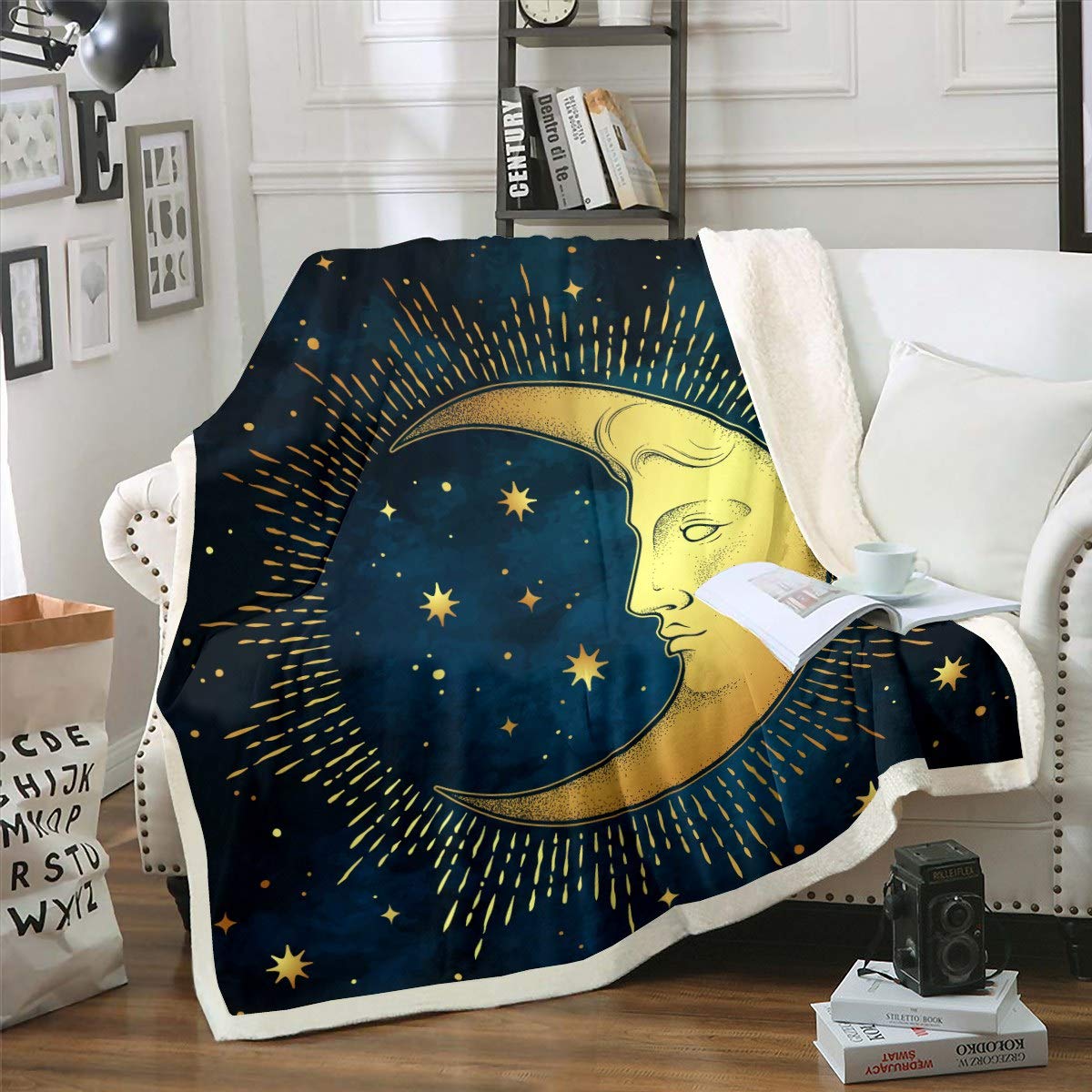 Loussiesd Sun and Moon - Boho Exotic Throw for Sofa Couch Bed - Bohemian Style Fleece Galaxy Star Warm Flannel - Soft Plush Decor - Single 50"x60"