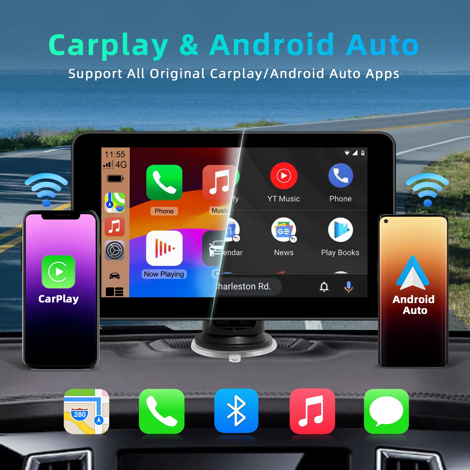 7 Pulgadas Pantalla Táctil Pantalla para Coche con Carplay Android Auto Inalámbrica, Enlace Espejo, Navegación, Siri, FM, AUX, Bluetooth 5.2,Airplay, Lectura de vídeo, Navegación GPS