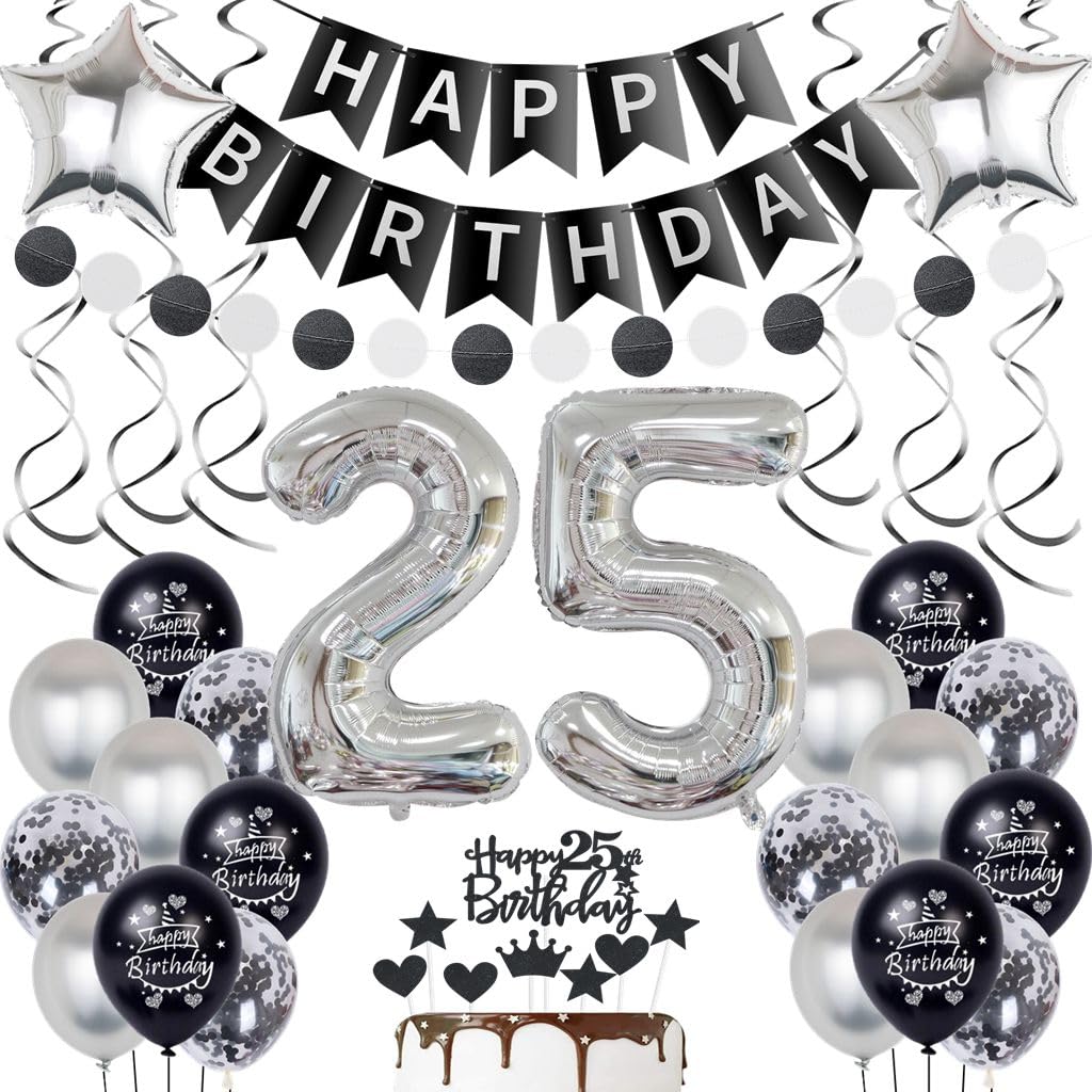 Globos plata 25 Cumpleaños Decoración, 25 Cumpleaños Decoración Negro Plata, Mujer Hombre 25 Cumpleaños Decoración, 25 Años Hombres Mujer Globo, Negro Plata 25 Cumpleaños Fiesta de Globos