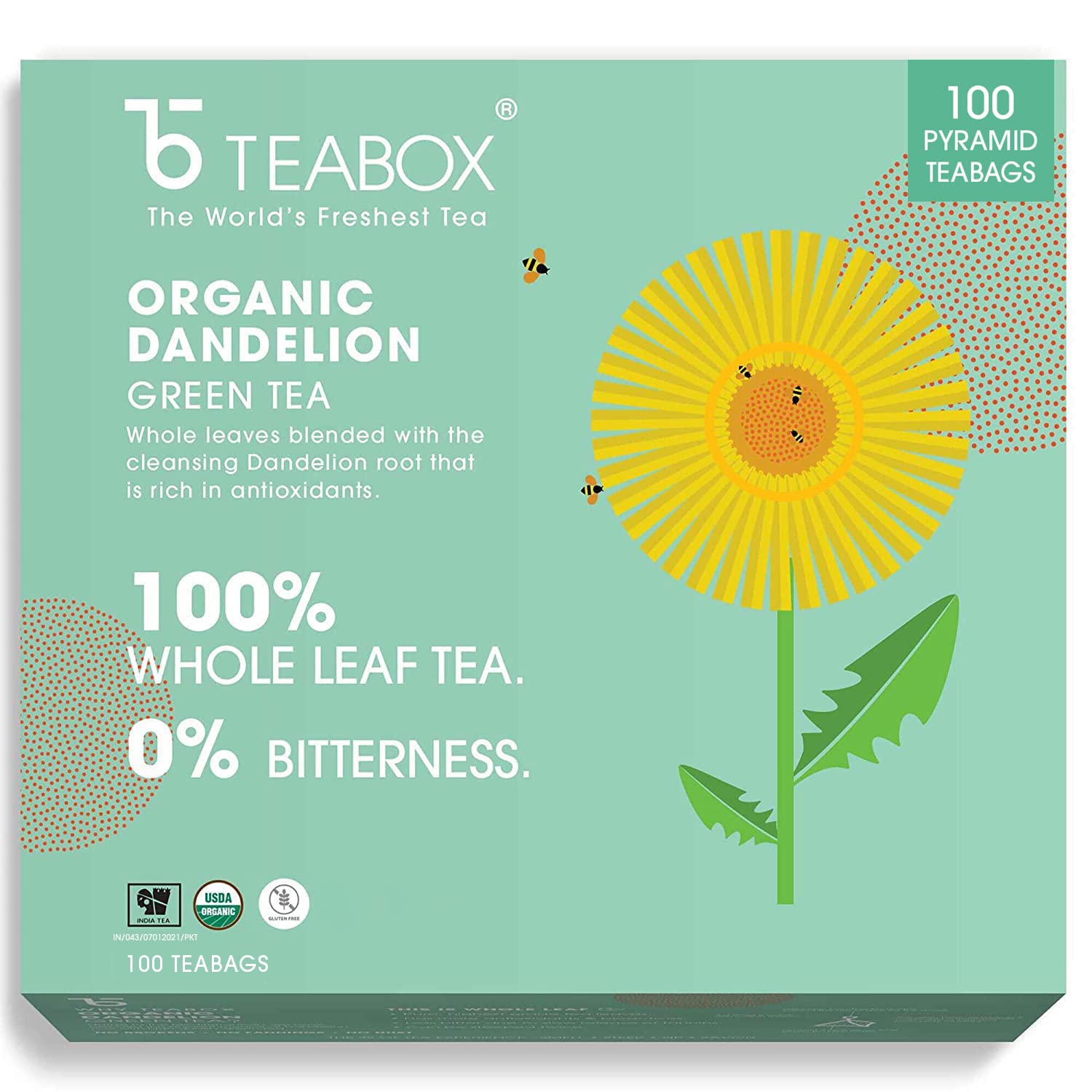 Teabox Organic Dandelion Green Tea 100 Teabags Made with 100 Whole