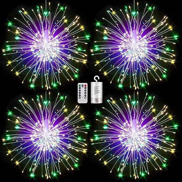 FOOING Starburst Lights LED,Outdoor Hanging Firework Garden Light Battery Powered,Colorful 4 Pack Garden Light with Remote for Valentine Birthday Wedding Christmas Tree Decorations