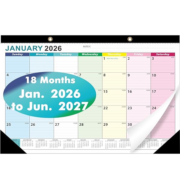 ZTX Desk Calendar 2026-2027 Calendar Wall Calendars 2026-2027-18 Month Planner Big 17"x12" Jan.2026-Jun.2027 Clear Plastic Cover for Home Office School Colorful