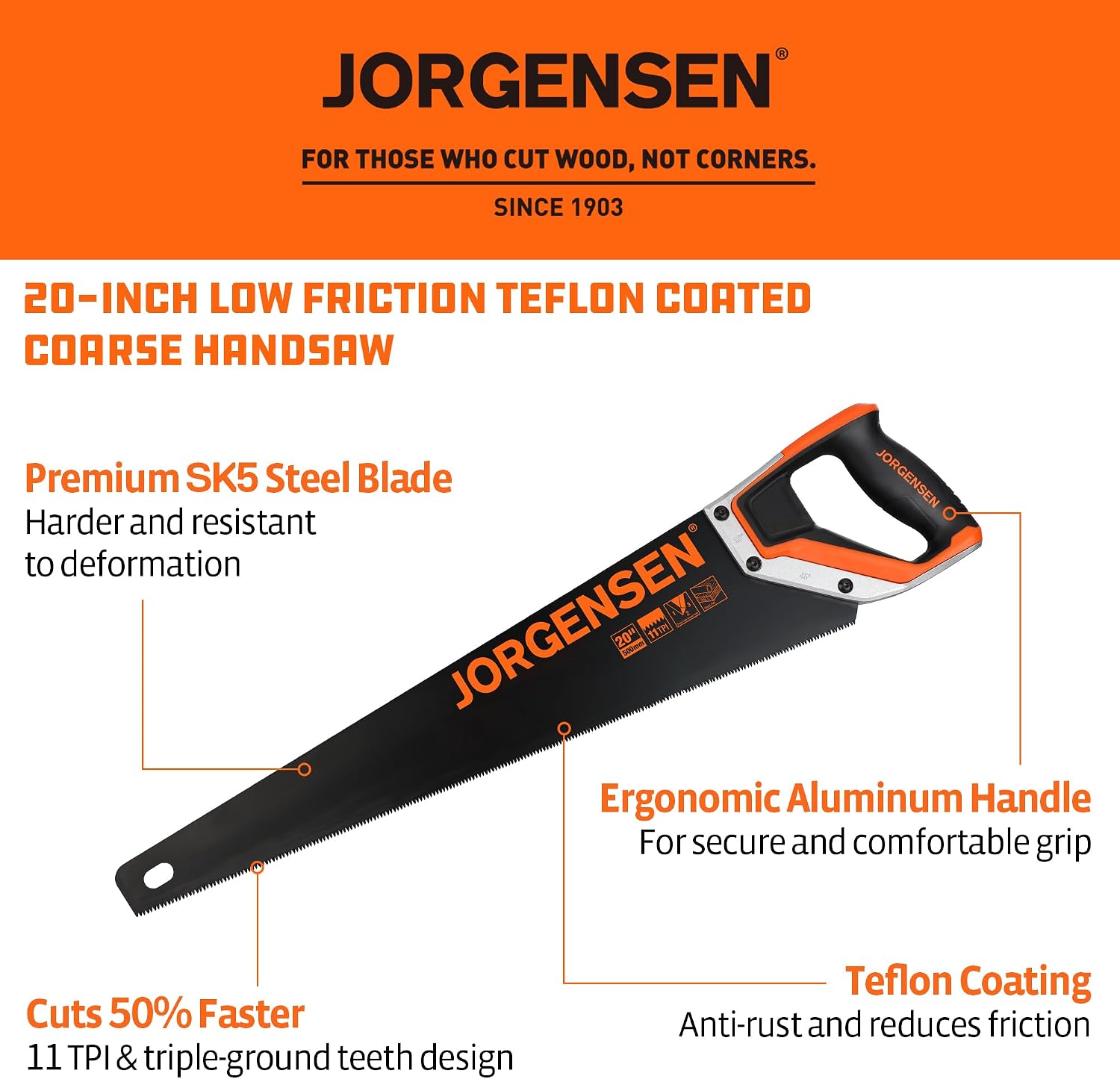JORGENSEN 20-Inch Hand Saw, 11 TPI Coarse Blade for Wood Cutting photo 2