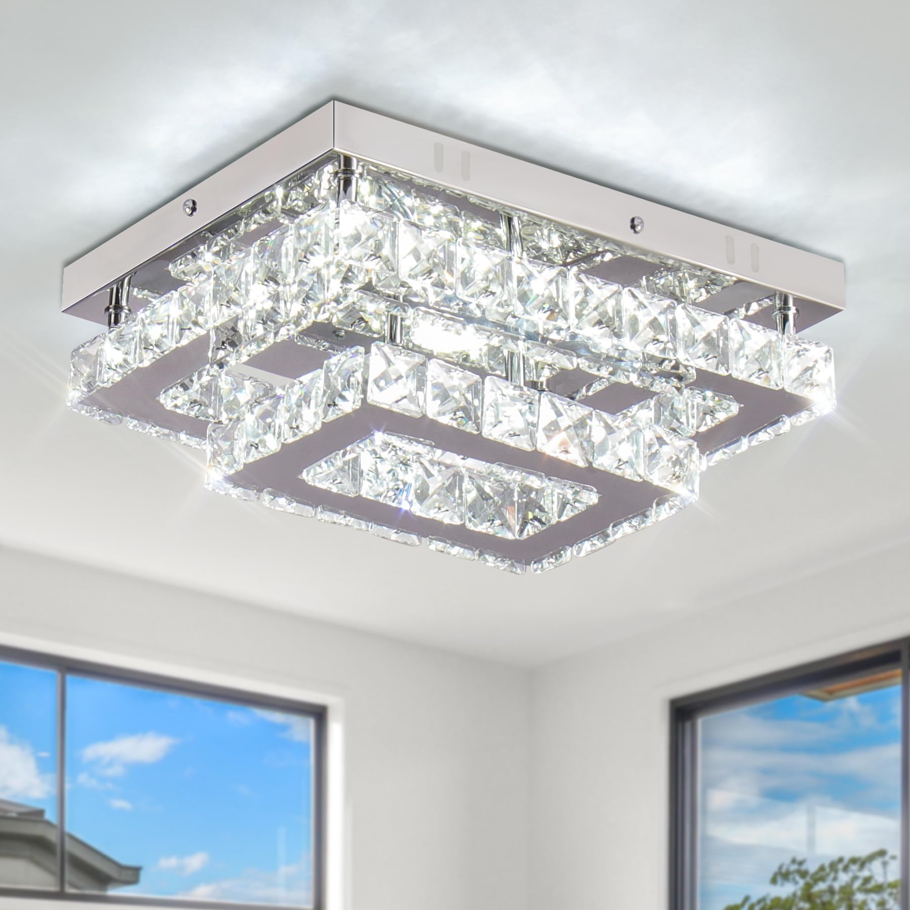 Finktonglan Crystal LED Flush Mount Ceiling Light, 11.8"×9.1" Rectangular Close to Ceiling Light, 24W 6500K Cool White Daylight, K9 Crystal & Stainless Steel, Non-Dimmable