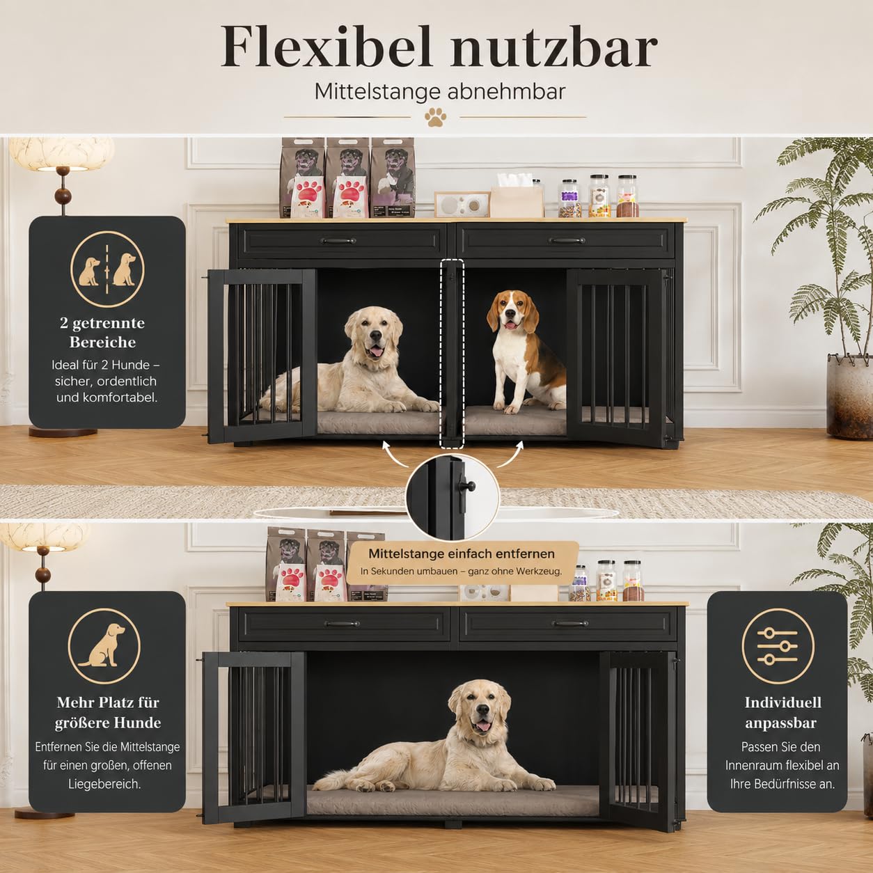 Hundekäfig mit 2 Schubladen und 2 Türen Hundebox für Innenbereich Hundehaus mit getrenntem Innenraum Schwarz und Eichenfarbe 164×60×80cm MDF Hundehütte für 2 Hunde