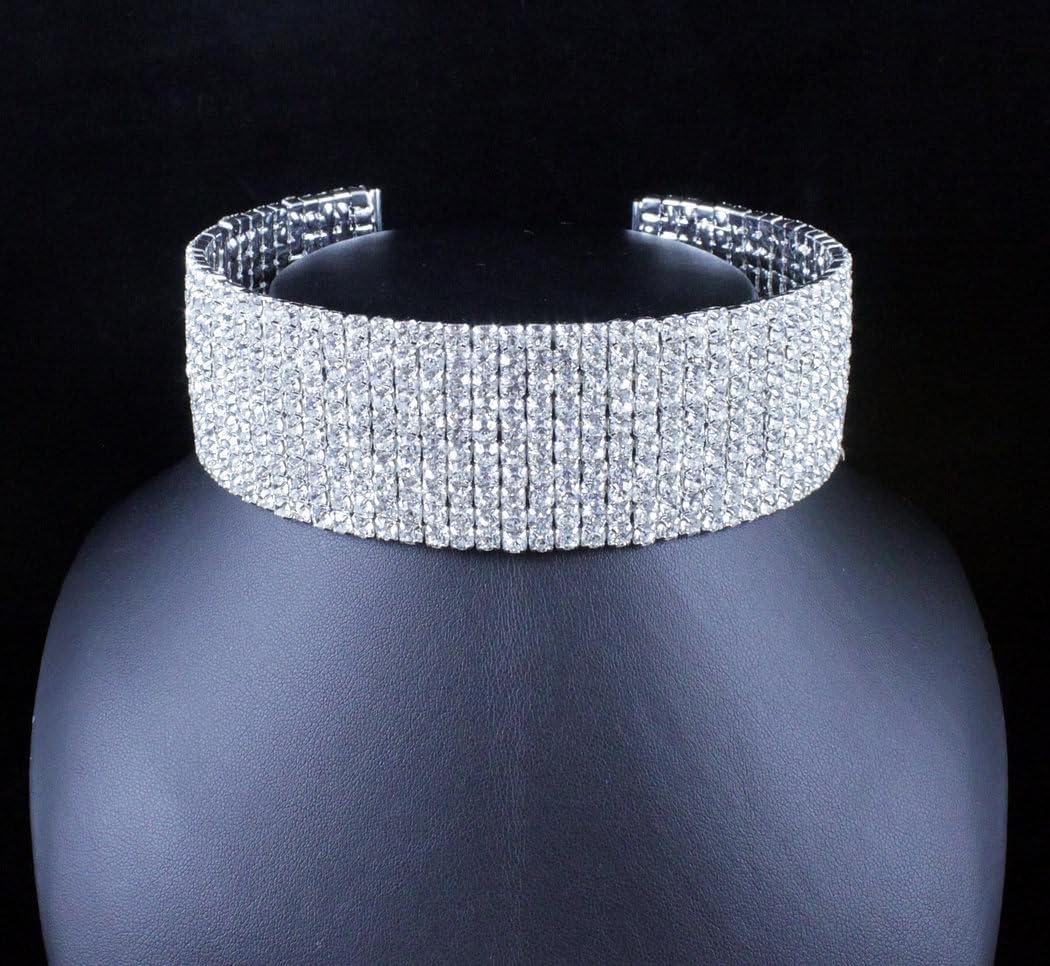 10-Row Clear Austrian Crystal Rhinestone Choker Necklace Silver Party WED N088 (10 Row Silver)