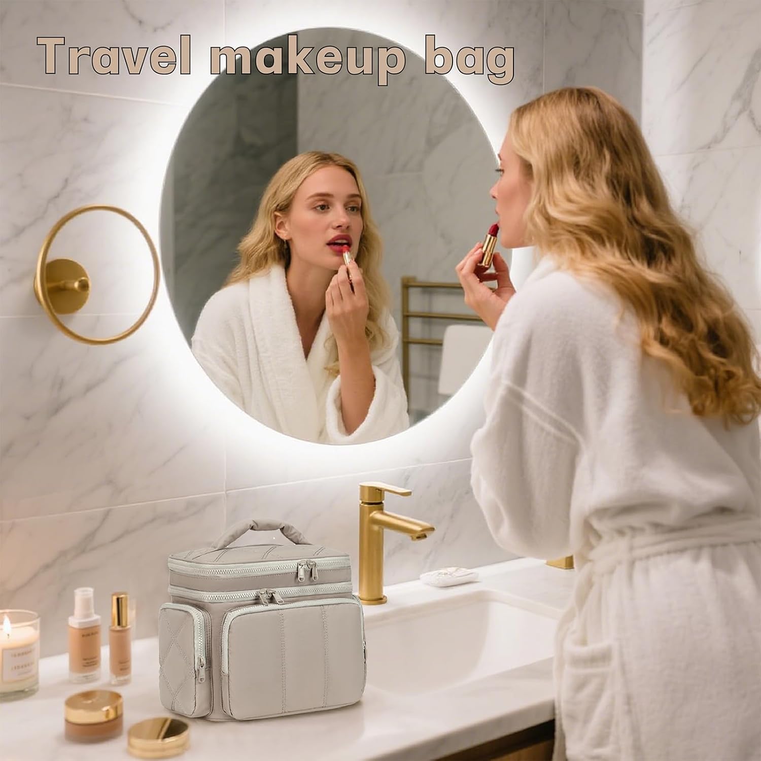 LEDAOU Travel Toiletry Bag for Women, Quilted Cosmetic Makeup Bag Organizer with Double Deck, Large Wide-open Travel Bag for Toiletries, Essentials - Image 4