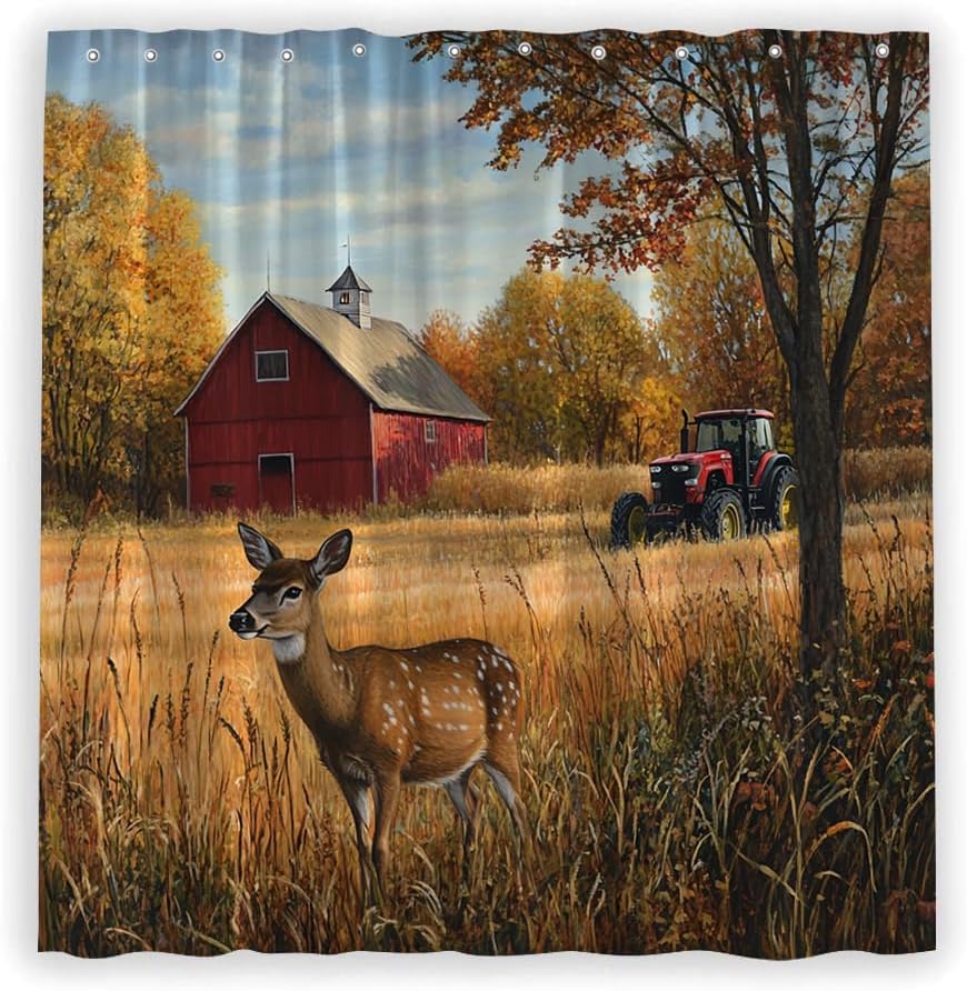 Rustic Deer Shower Curtain Autumn Farm Tractor Barn Country Wildlife Elk Hunting Cabin Forest Animal Fall Thanksgiving Harvest Farmhuse Nature Landscape Bathroom Decor Curtain Sets with Hooks