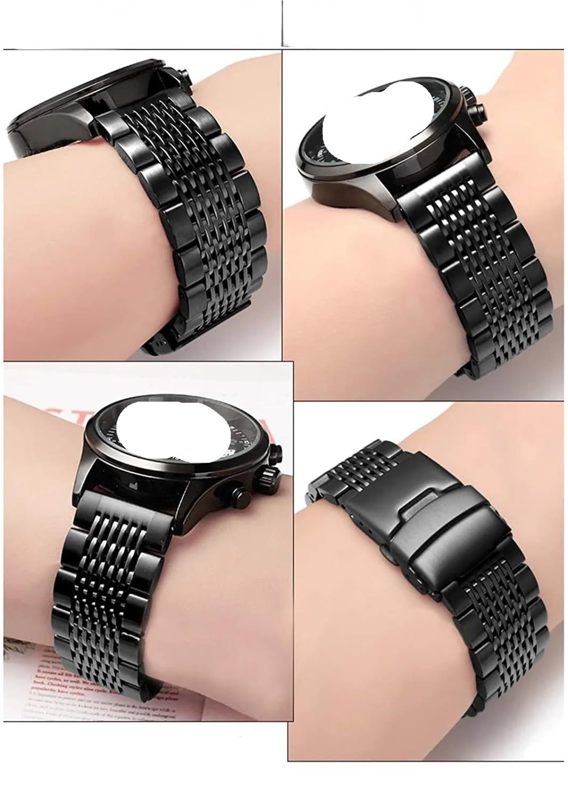 Cinturini per Orologi in Acciaio Inossidabile a Maglie Solide da 18 mm, 20 mm, 22 mm e 24 mm, con Fibbia deployante, Spazzolato/Lucido (Nero 22 mm)