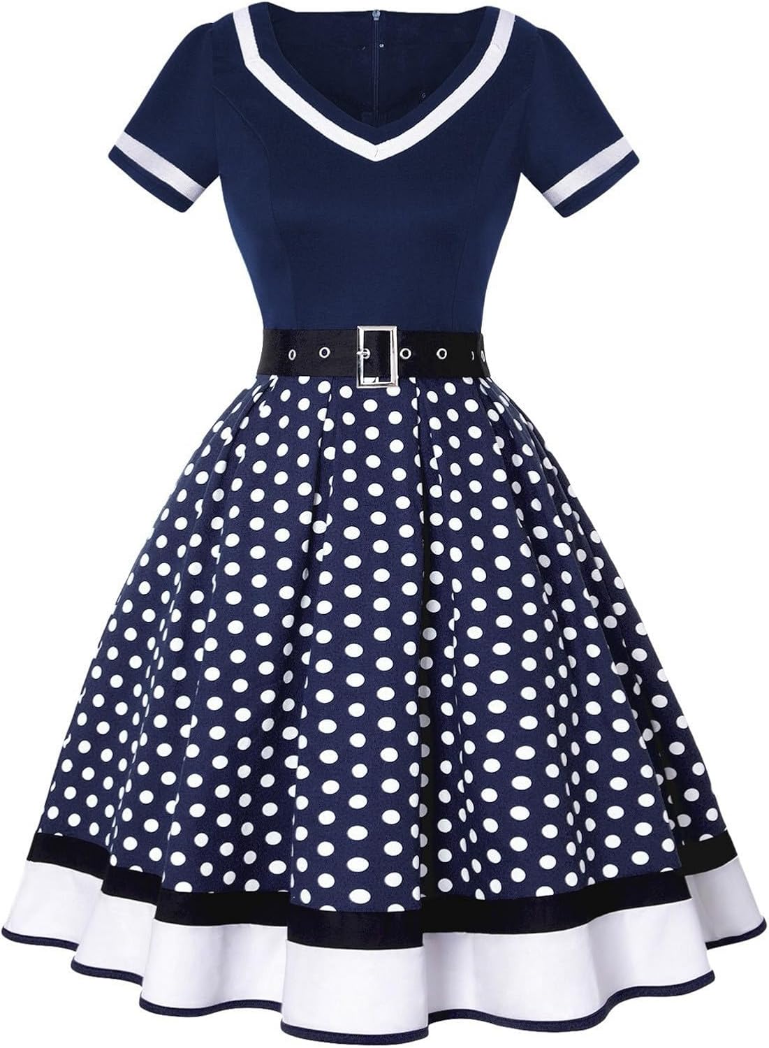Générique Femme Robe Cocktail Soirée Vintage Rétro Année 1950 Audrey Hepburn Pin-up Rockabilly Swing à Pois Manche Courte Chic Et Elegante (Marine, S