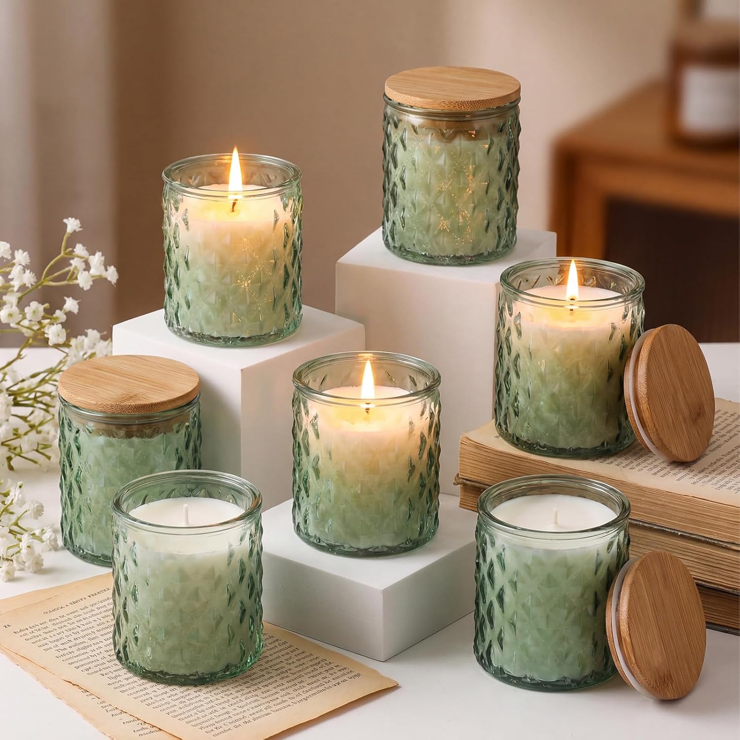 Acellegic 20 Pack Green Candle Jars for Making Candles 7 oz Empty Glass Jars with Bamboo Lids Cylindrical Candle Containers Bulk for DIY, Table Decor, Wedding Party